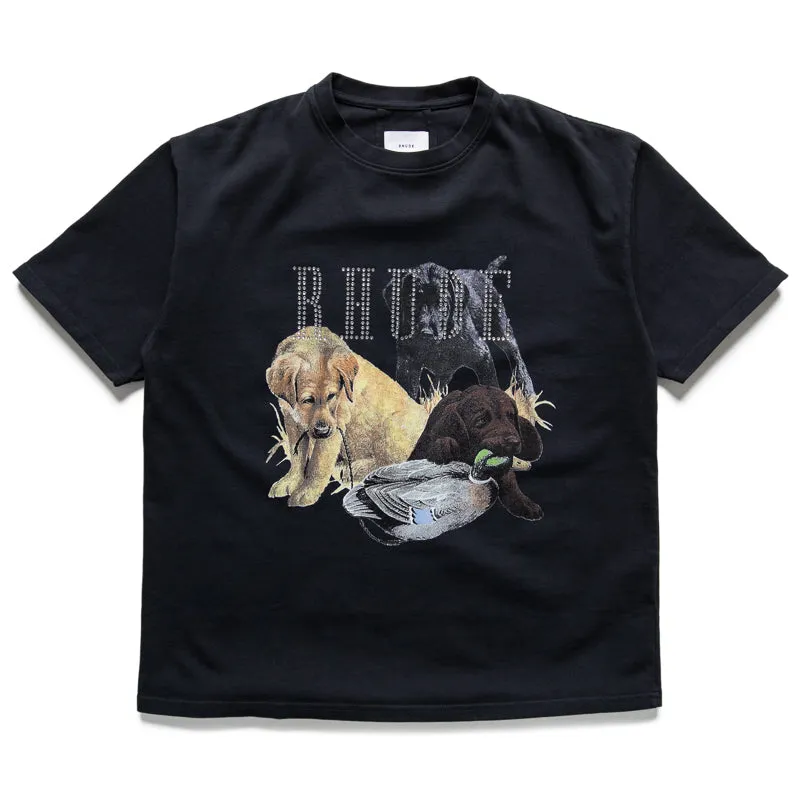 Rhude Rhinestone Hunting Dog Tee - Vintage Black loose silhouette Office building