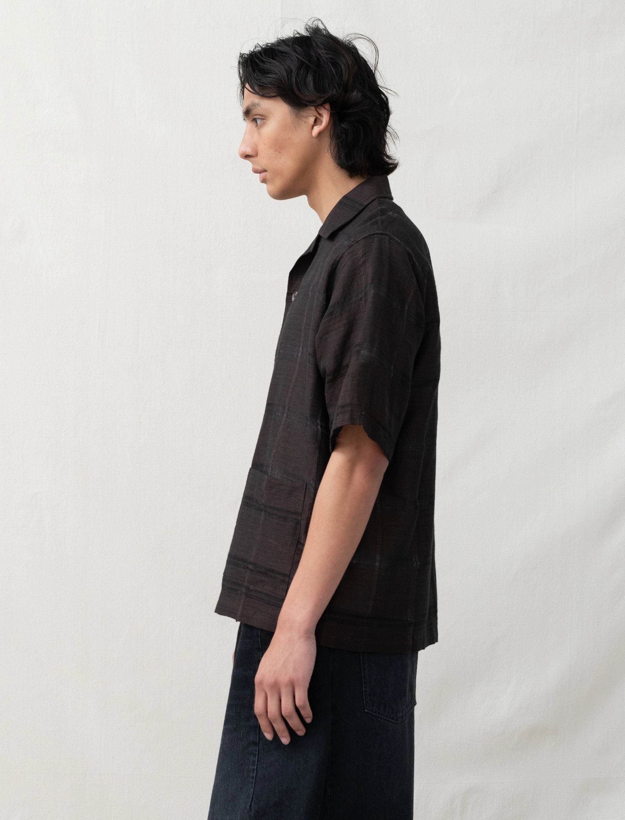 Flexible Cuffs Flexible Knit Fabric Cabana Shirt Plaid Jacquard (Brown)