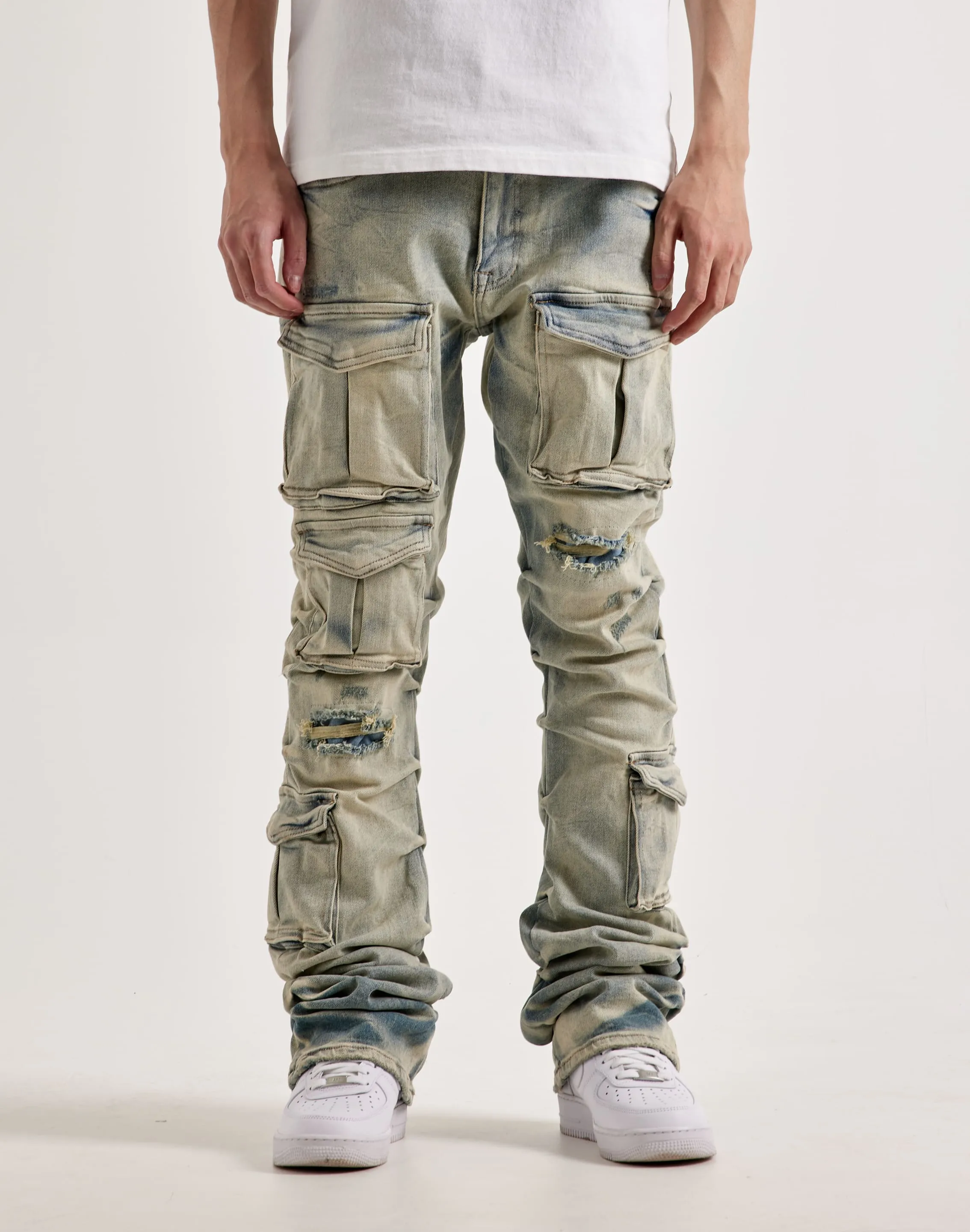Smoke Rise Utility Pocket Stacked Flare Denim Jeans AbrasionFreeZone