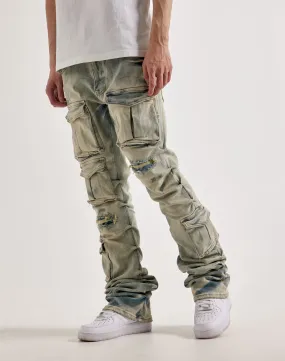 Smoke Rise Utility Pocket Stacked Flare Denim Jeans Natural Fiber Blend