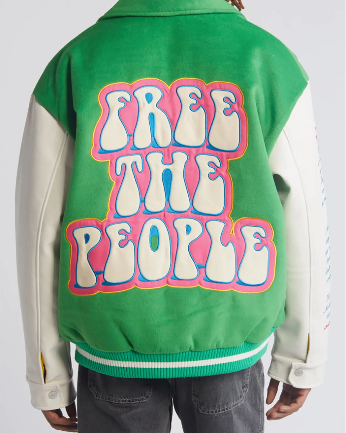 Seamless Sleeve Construction Trans Glow ARTS DISTRICT VARSITY JACKET - GREEN / CREAM