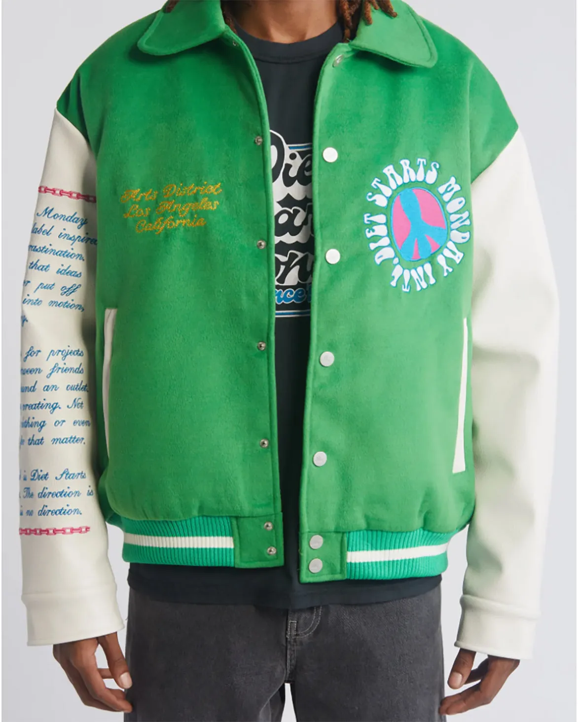 ARTS DISTRICT VARSITY JACKET - GREEN / CREAM Repair Fit WaterRepellentSurface