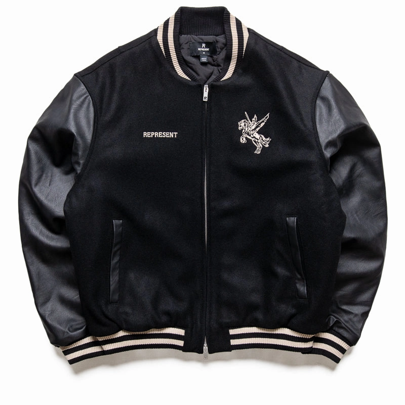 Represent Mascot Wool Varsity Jacket - Jet Black chest pockets Cozy Design