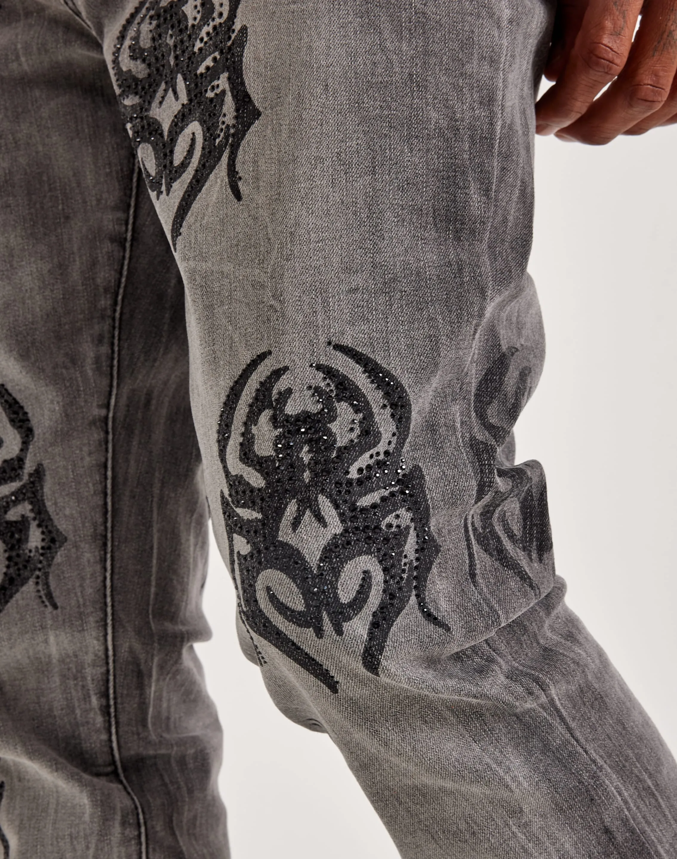 StretchWaistband WrinkleResistant Smoke Rise Rhinestone Spider Stacked Denim Jeans