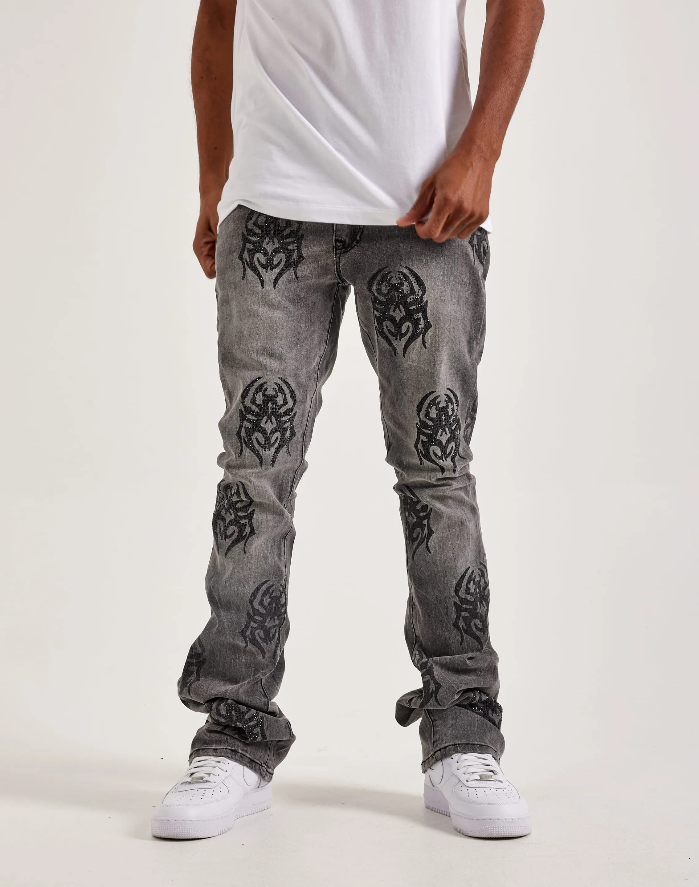 Gym Safe FlatlockSeaming Smoke Rise Rhinestone Spider Stacked Denim Jeans
