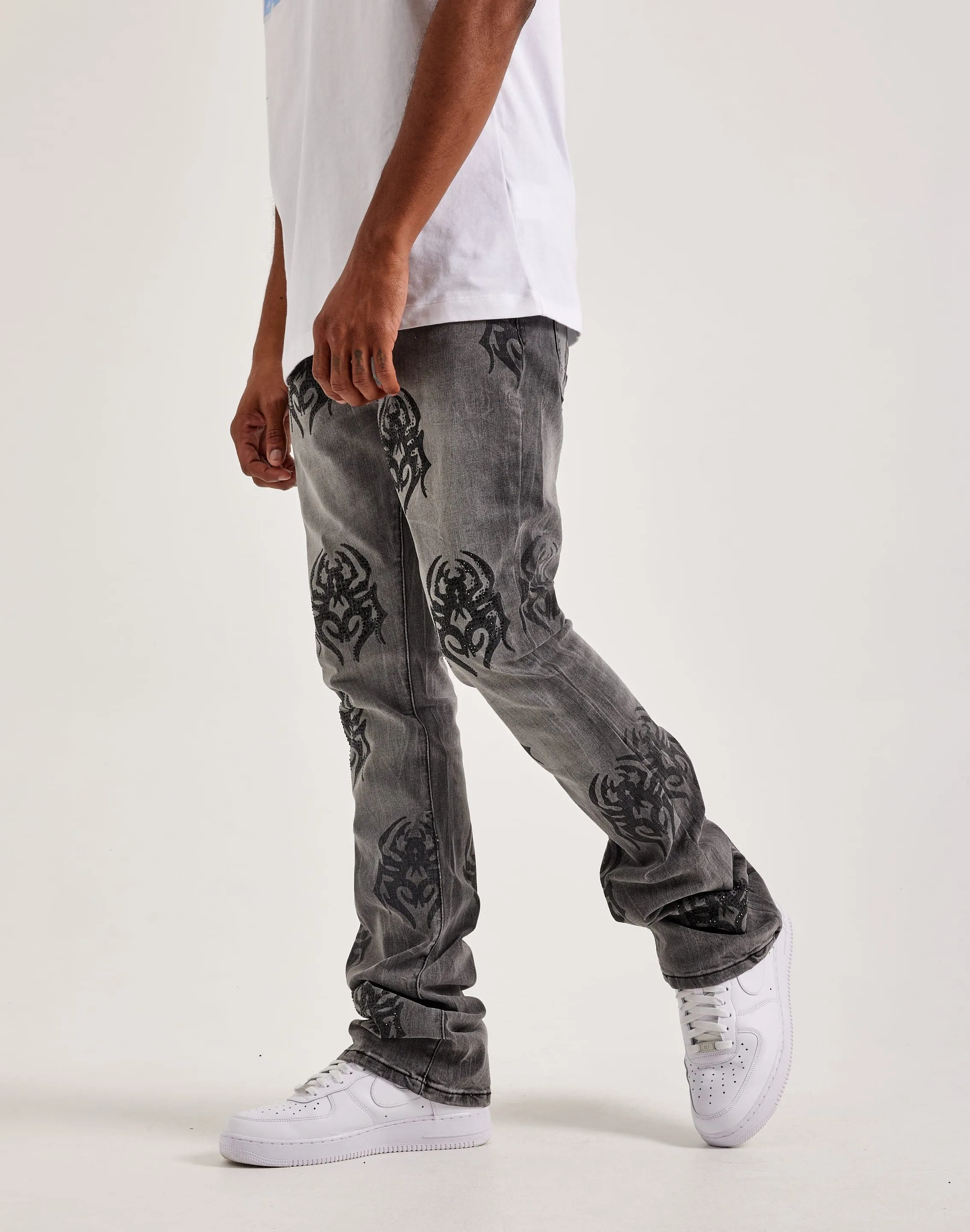 Smoke Rise Rhinestone Spider Stacked Denim Jeans Young Edge Vegan Mood