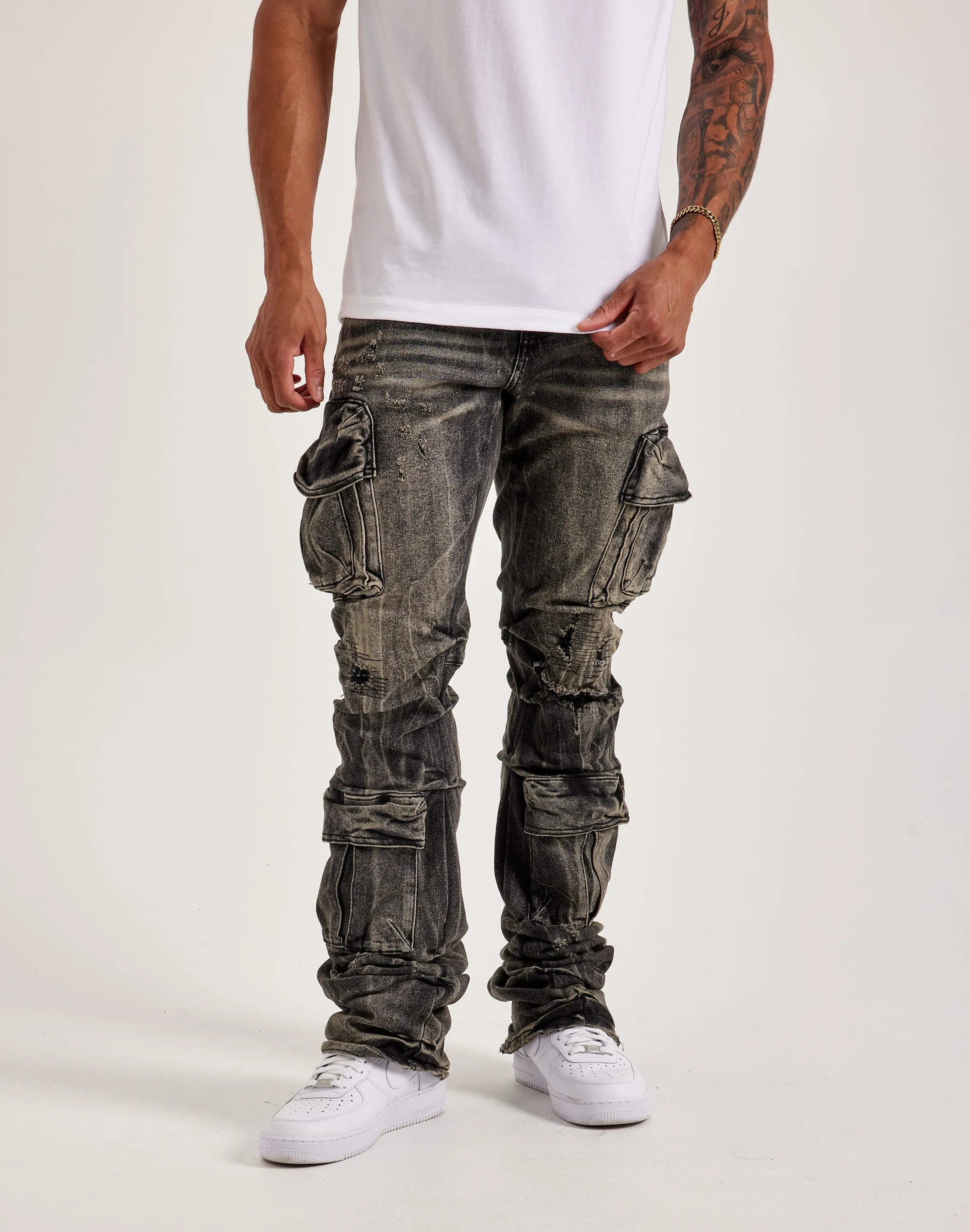 Travel Vibe Sheer Fit Smoke Rise Stacked Flare Cargo Jeans