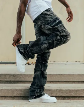 Smoke Rise Stacked Flare Cargo Jeans Pure Tone Flexible Joints