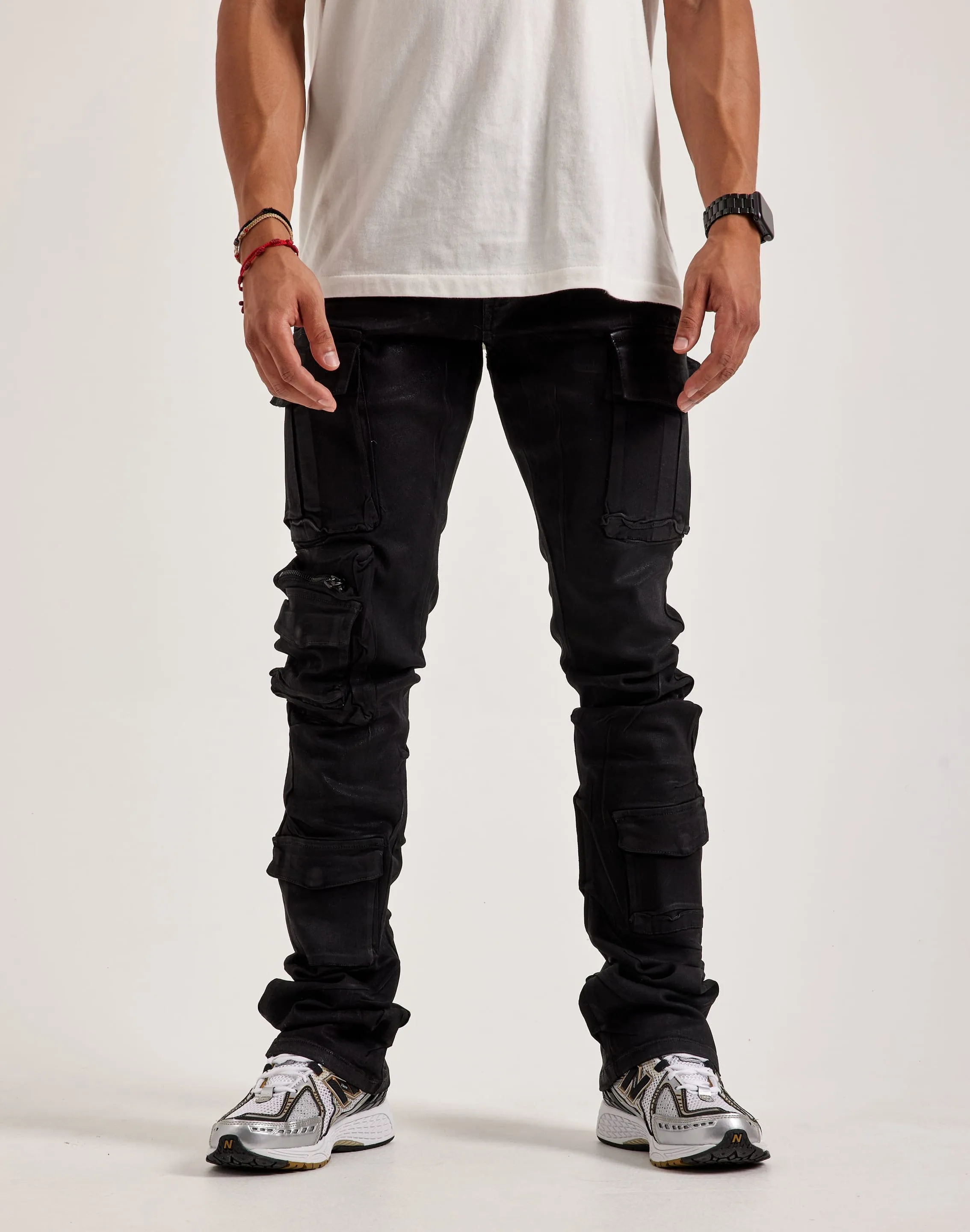 Smoke Rise Stacked Flared Waxed Cargo Jeans Stage Feel