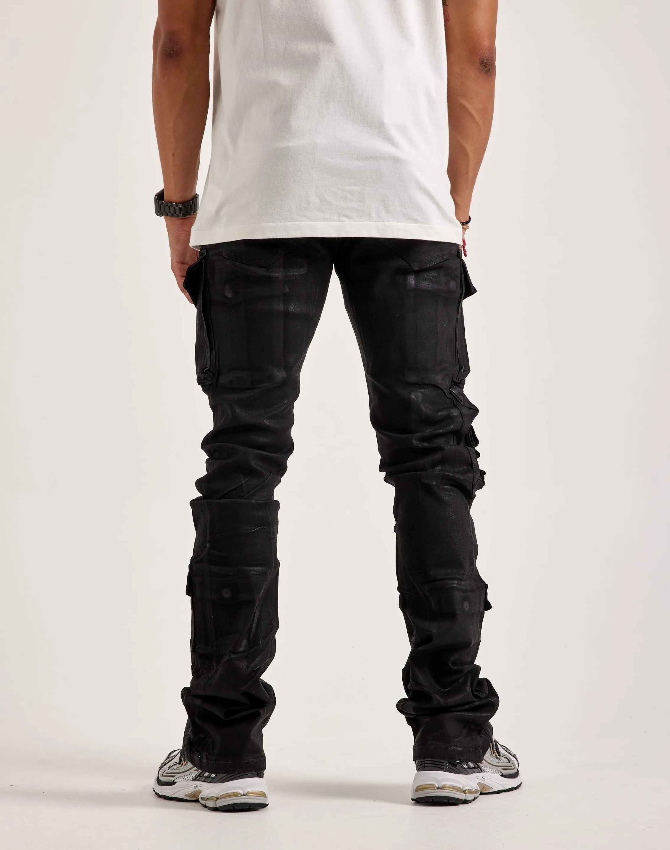 Smoke Rise Stacked Flared Waxed Cargo Jeans CompactFold Clean Cut