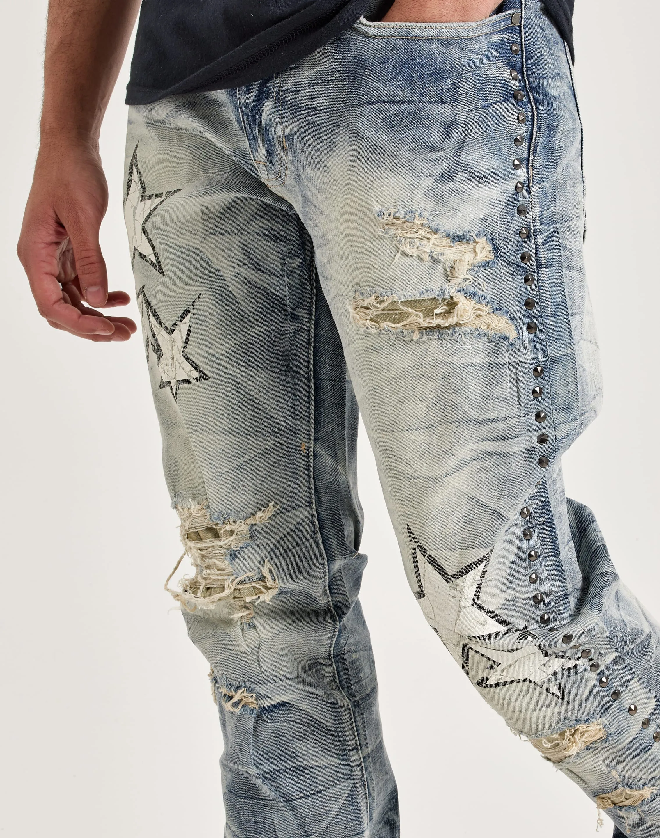 Rush Mode Wind Ease Smoke Rise Studded Star Stacked Flare Jeans