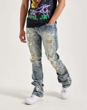 Smoke Rise Studded Star Stacked Flare Jeans Windproof Outer Layer HighNeckStyle