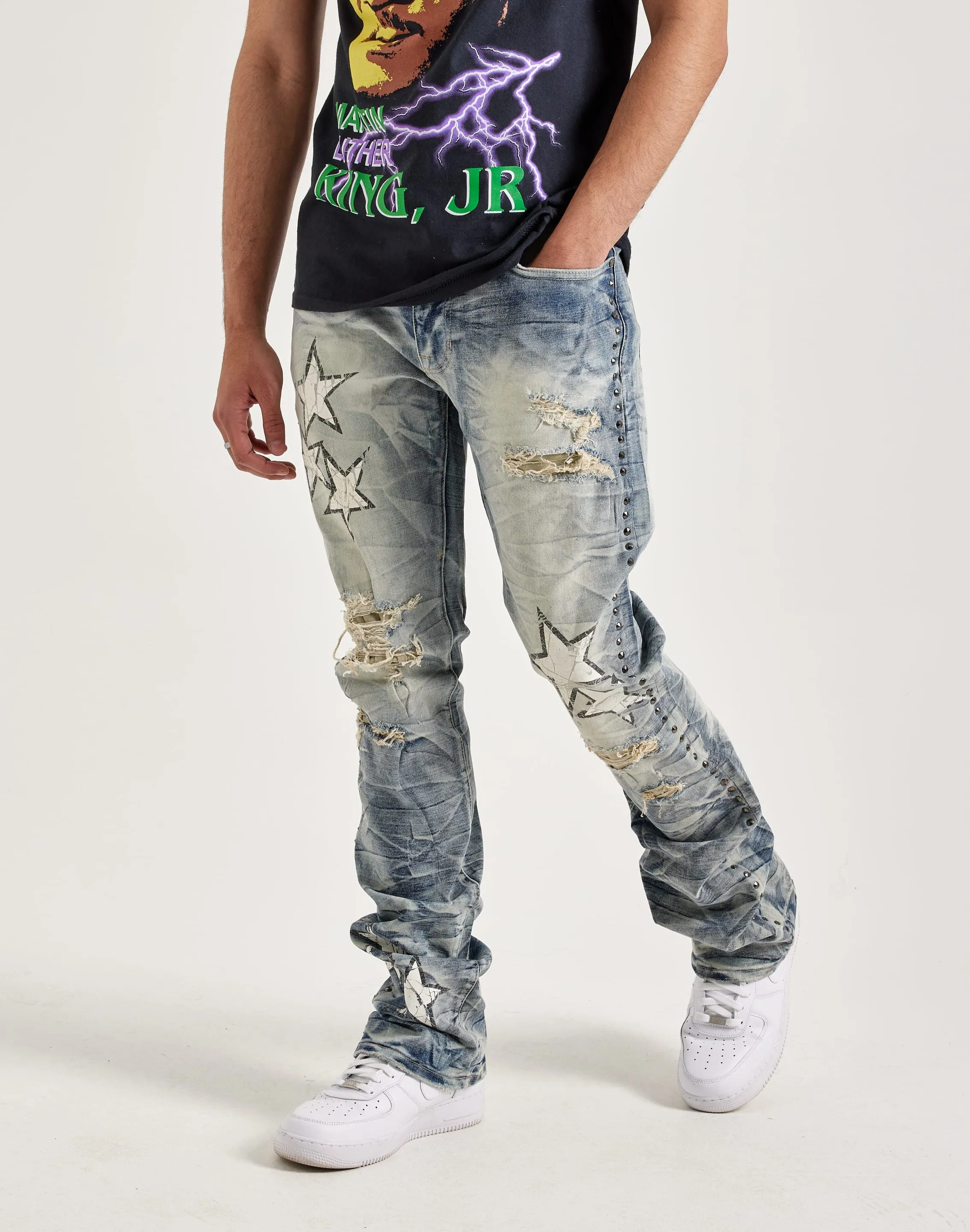 Smoke Rise Studded Star Stacked Flare Jeans Windproof Outer Layer HighNeckStyle