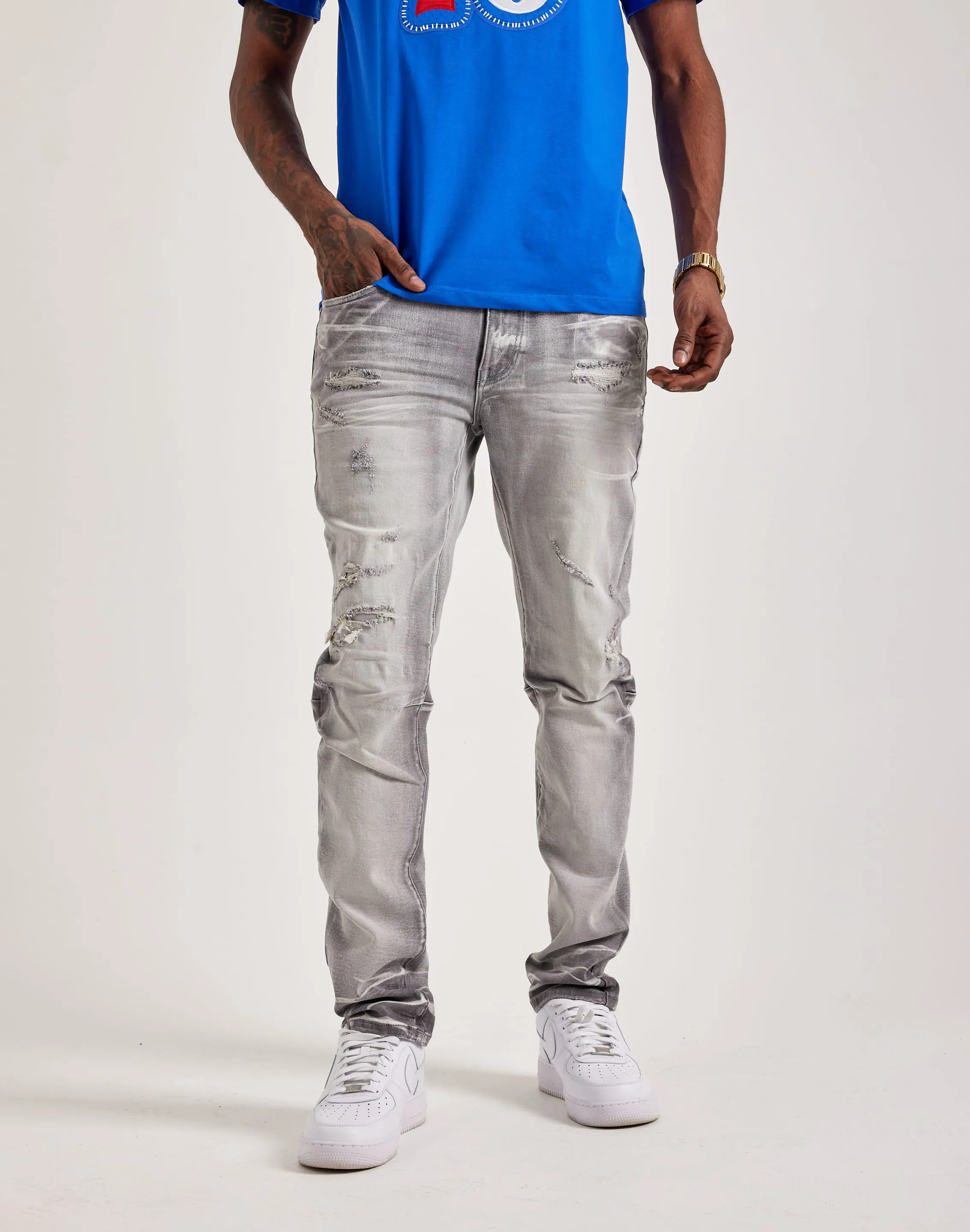 Smoke Rise Vintage Washed Slim Denim Jeans Street Icon Loose Thread