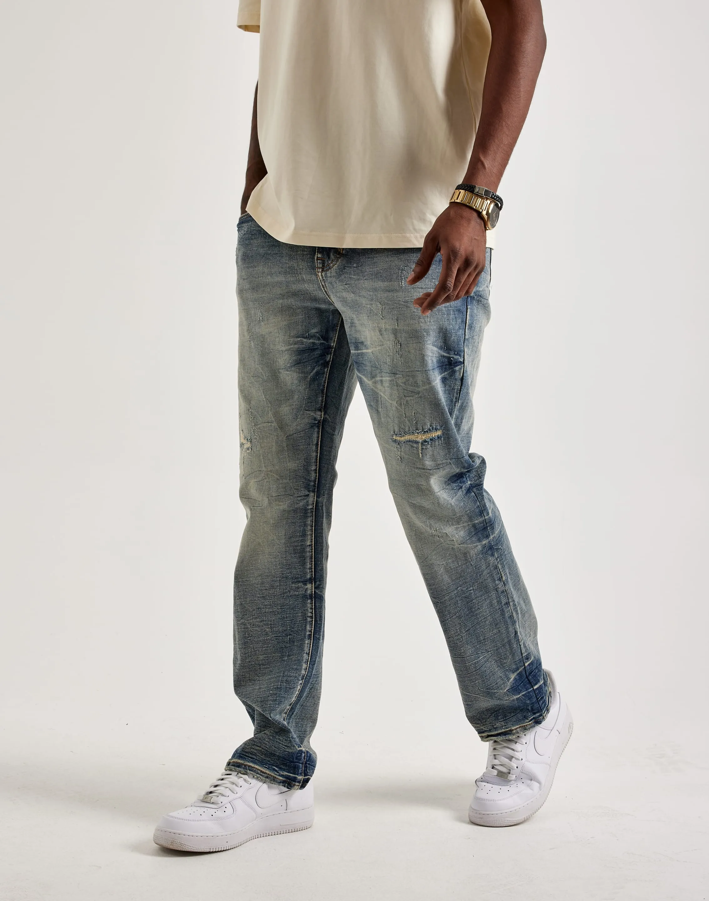 outdoor mode Smoke Rise Wave Effect Straight Denim Jeans