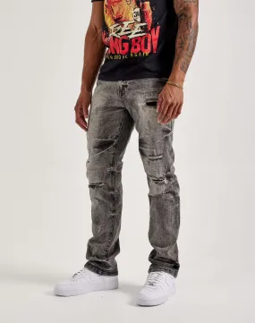 Smoke Rise Wave Effect Straight Denim Jeans Work Mix GridTexture