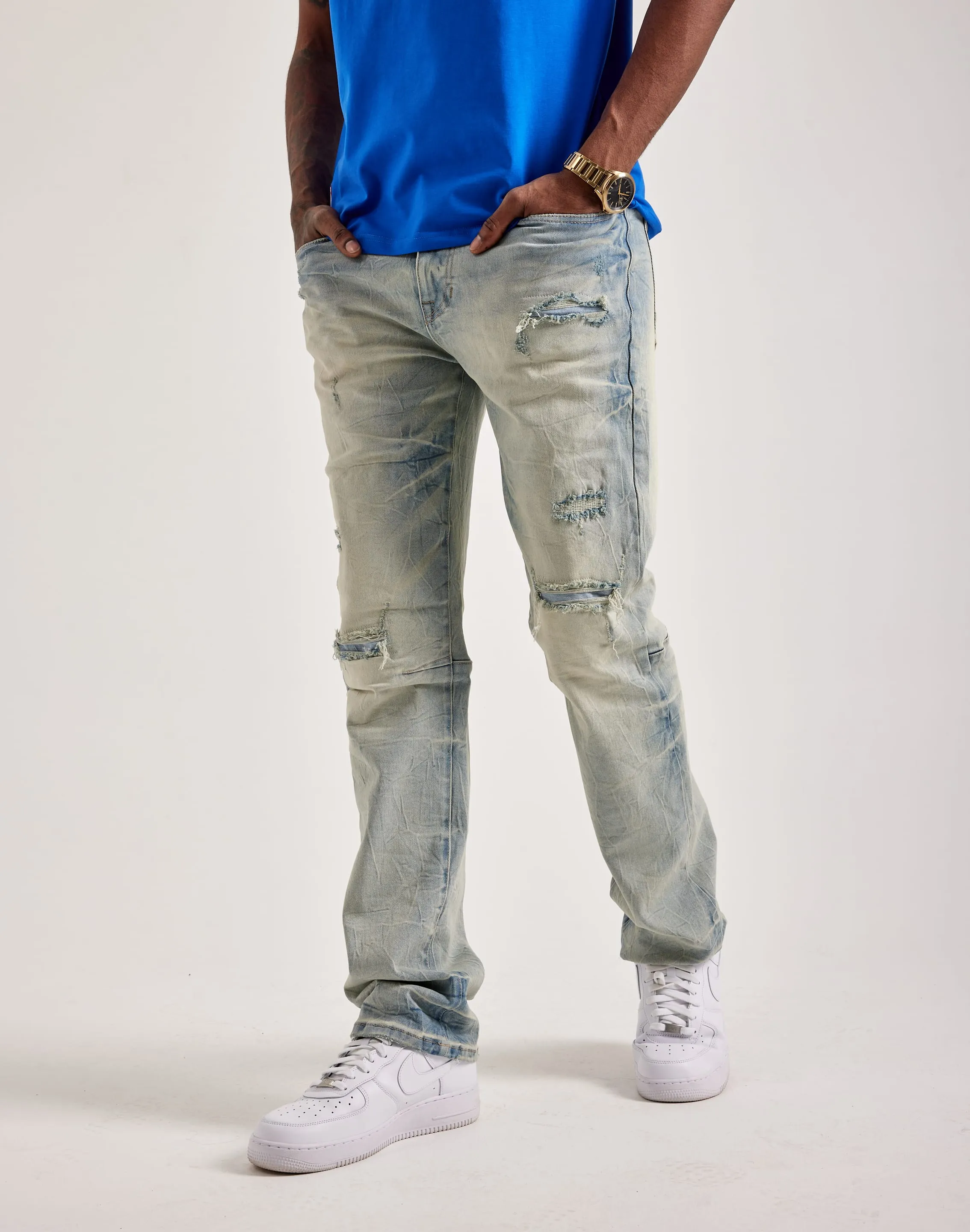 Smoke Rise Wave Effect Straight Denim Jeans Compression Fit