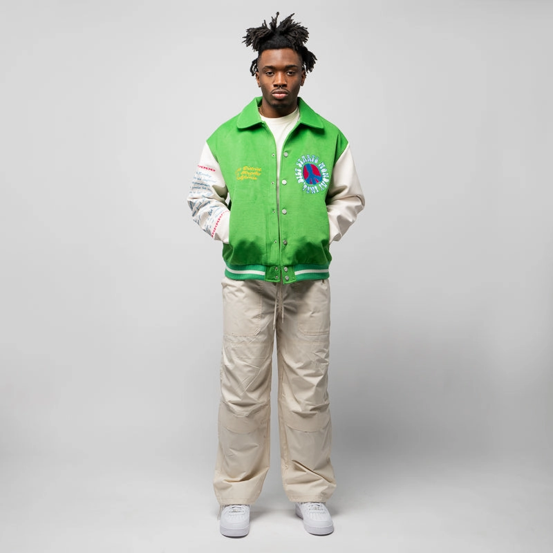 Stretch Comfort Athletic Wear Diet Starts Monday Arts District Varsity Jacket - Green/Cream