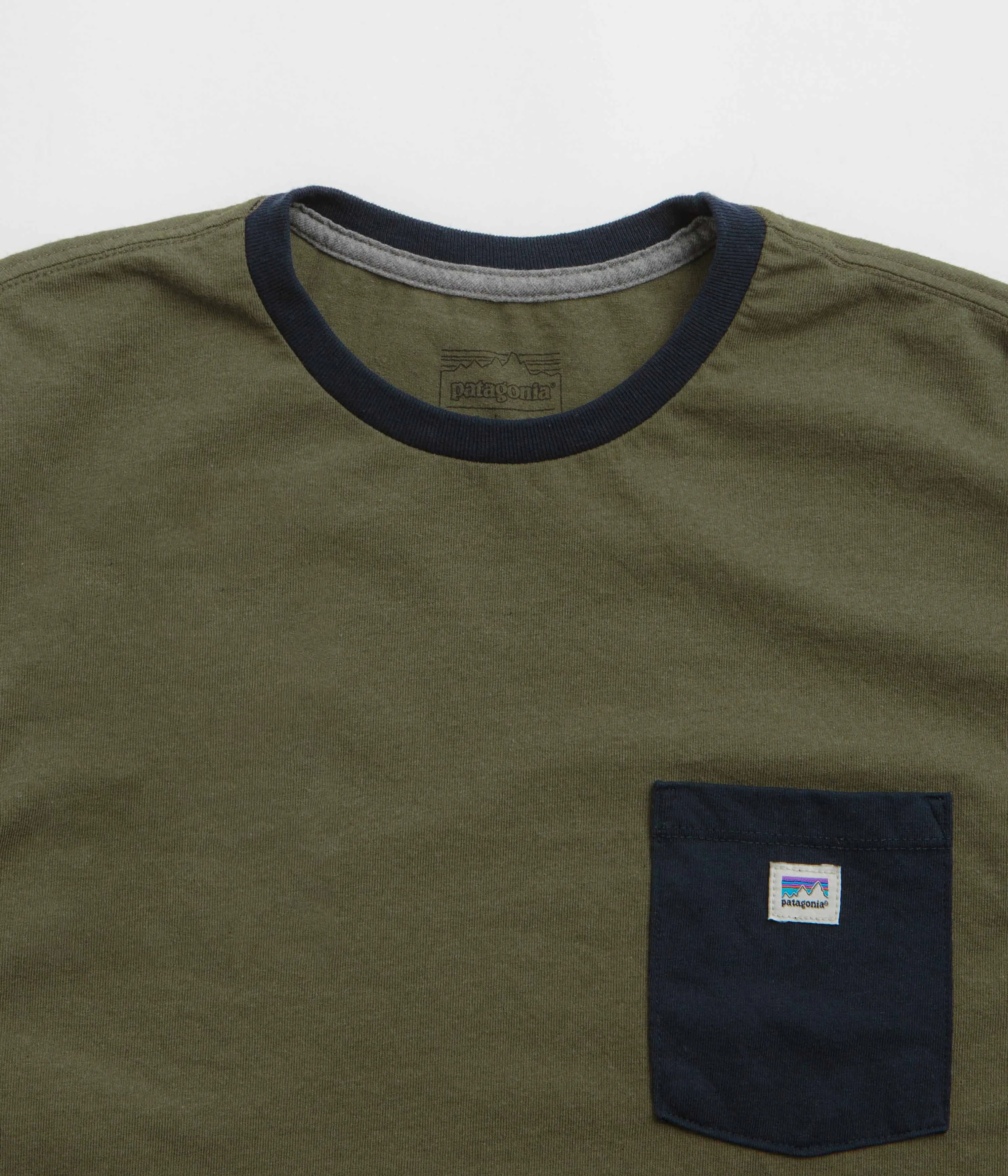 Patagonia Shop Sticker Pocket Responsibili-Tee T-Shirt - Tent Green running venue