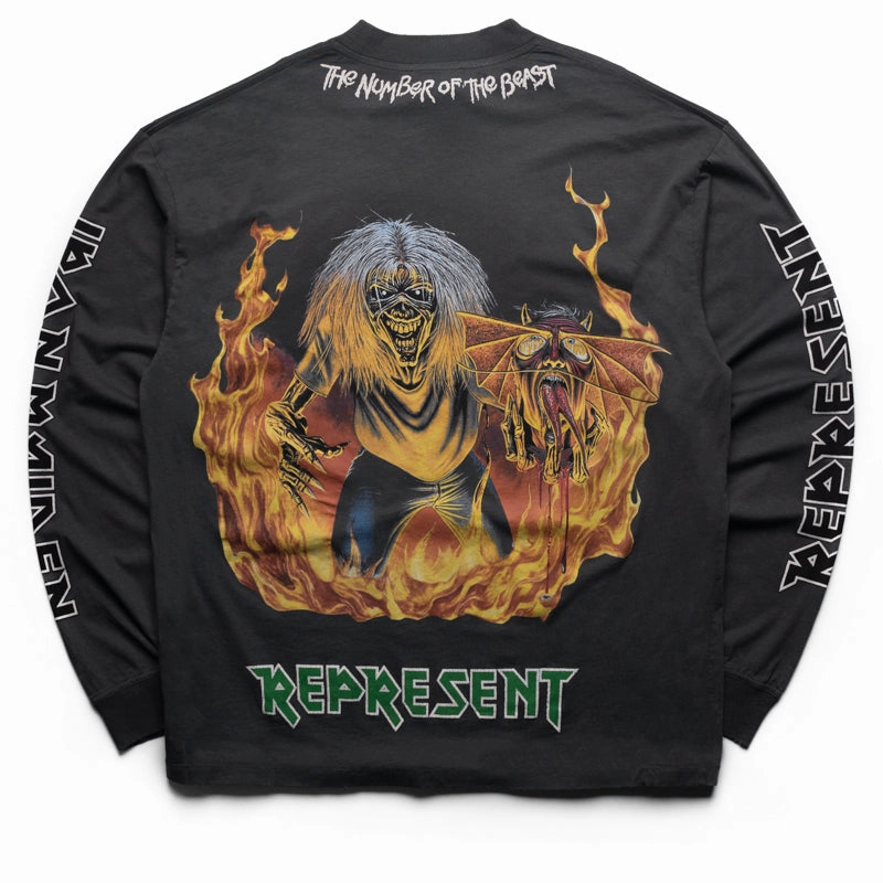 Iron Maiden x Represent Number Of The Beast L/S Tee - Sunfade Grey ruffled hem