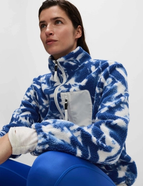 Soft Cover Borg Printed Funnel Neck Zip Up Fleece Jacket - Blue/White