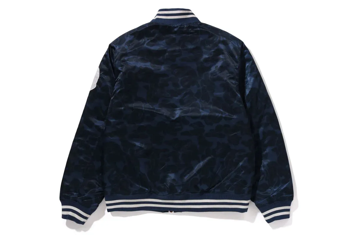 SOLID CAMO NYC LOGO NYLON VARSITY JACKET - NAVY DoubleLayeredEdging