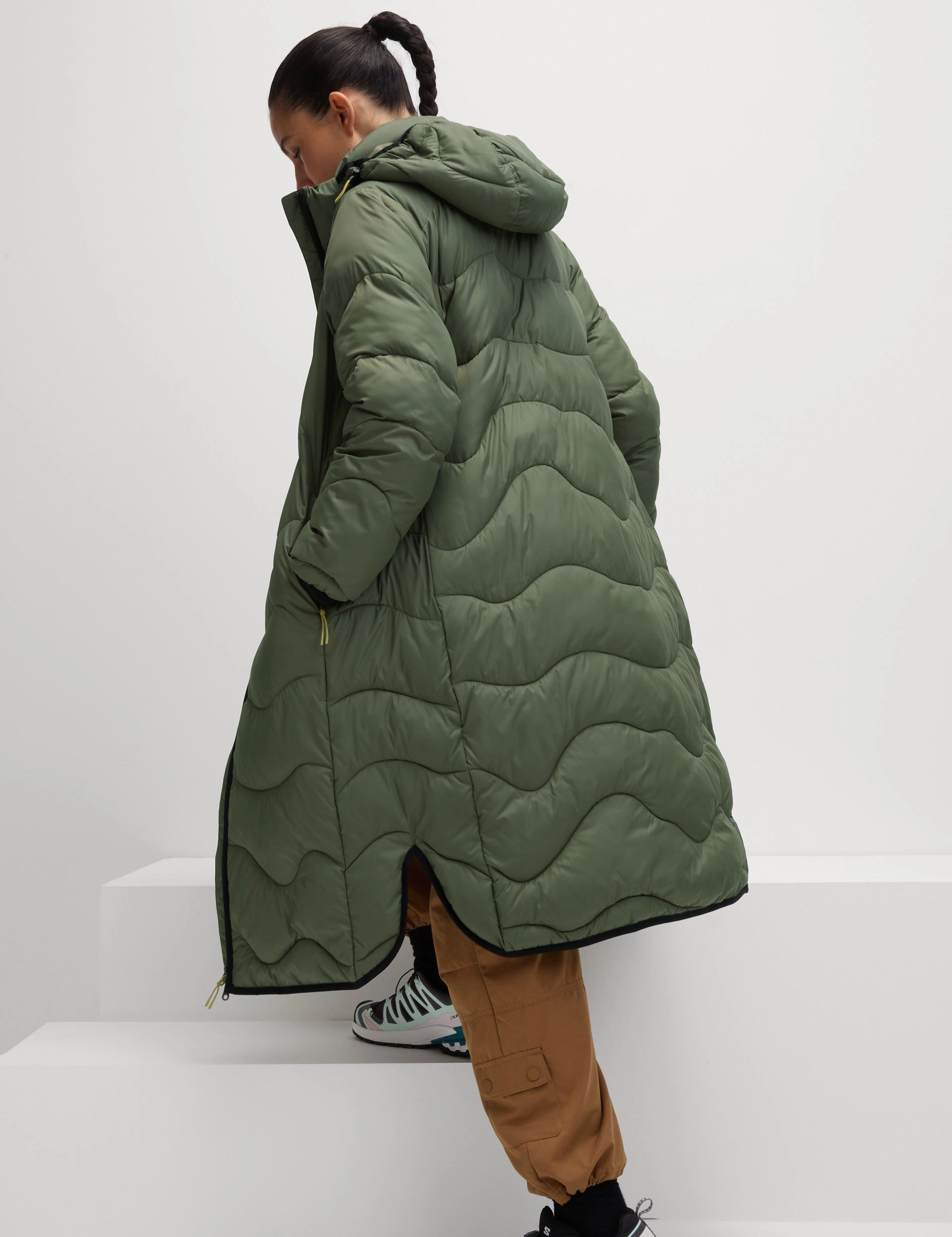 Stormwear Quilted Hooded Longline Puffer Coat - Dark Khaki Wool blend
