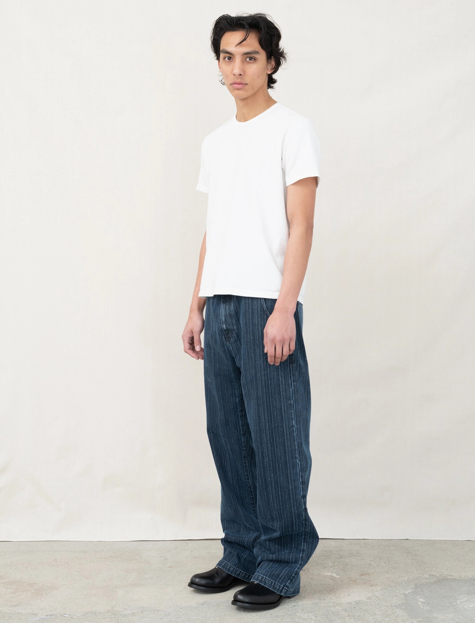 elastic waistband Straight Cut Jeans (Blue Stripe)