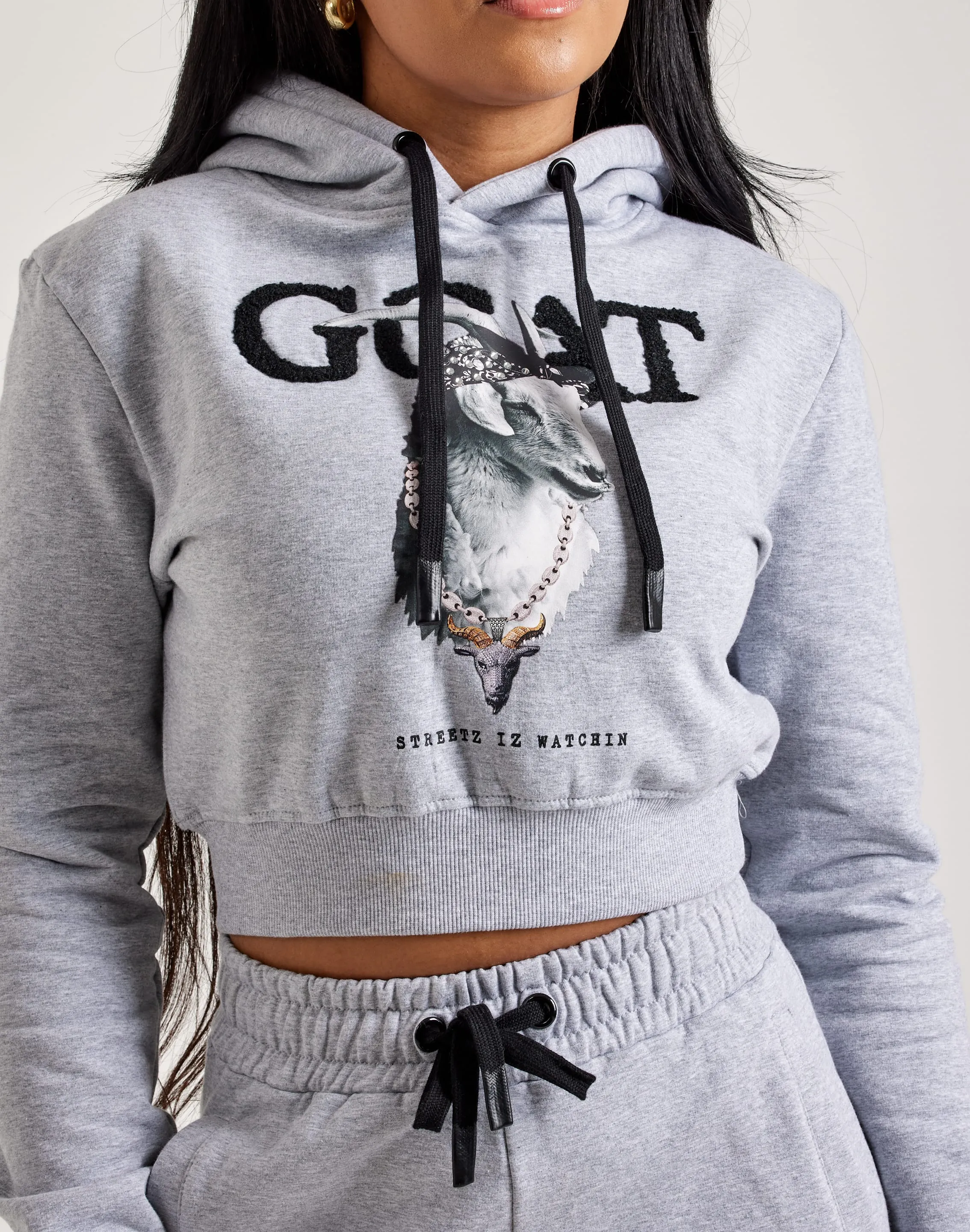 Natural Fiber Blend Streetz Iz Watchin Goat Cropped Pullover Hoodie