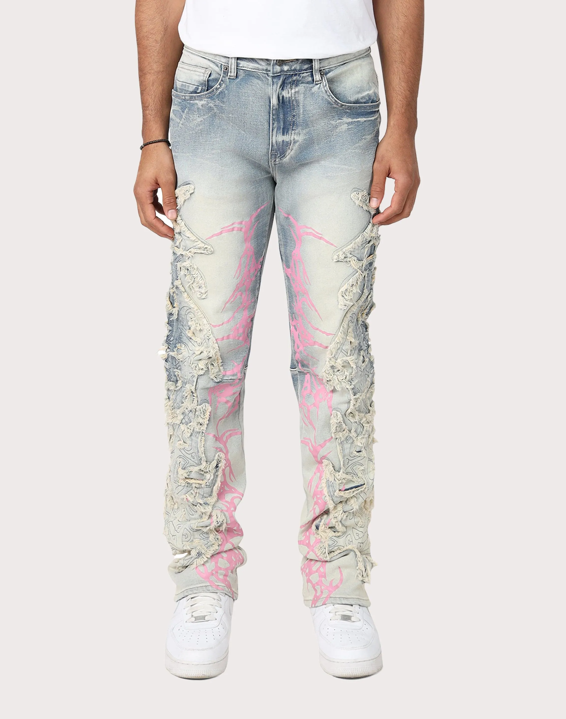 Grindhouse Slim Fit Thorn Frayed Denim Jeans HeavyDuty Zipper