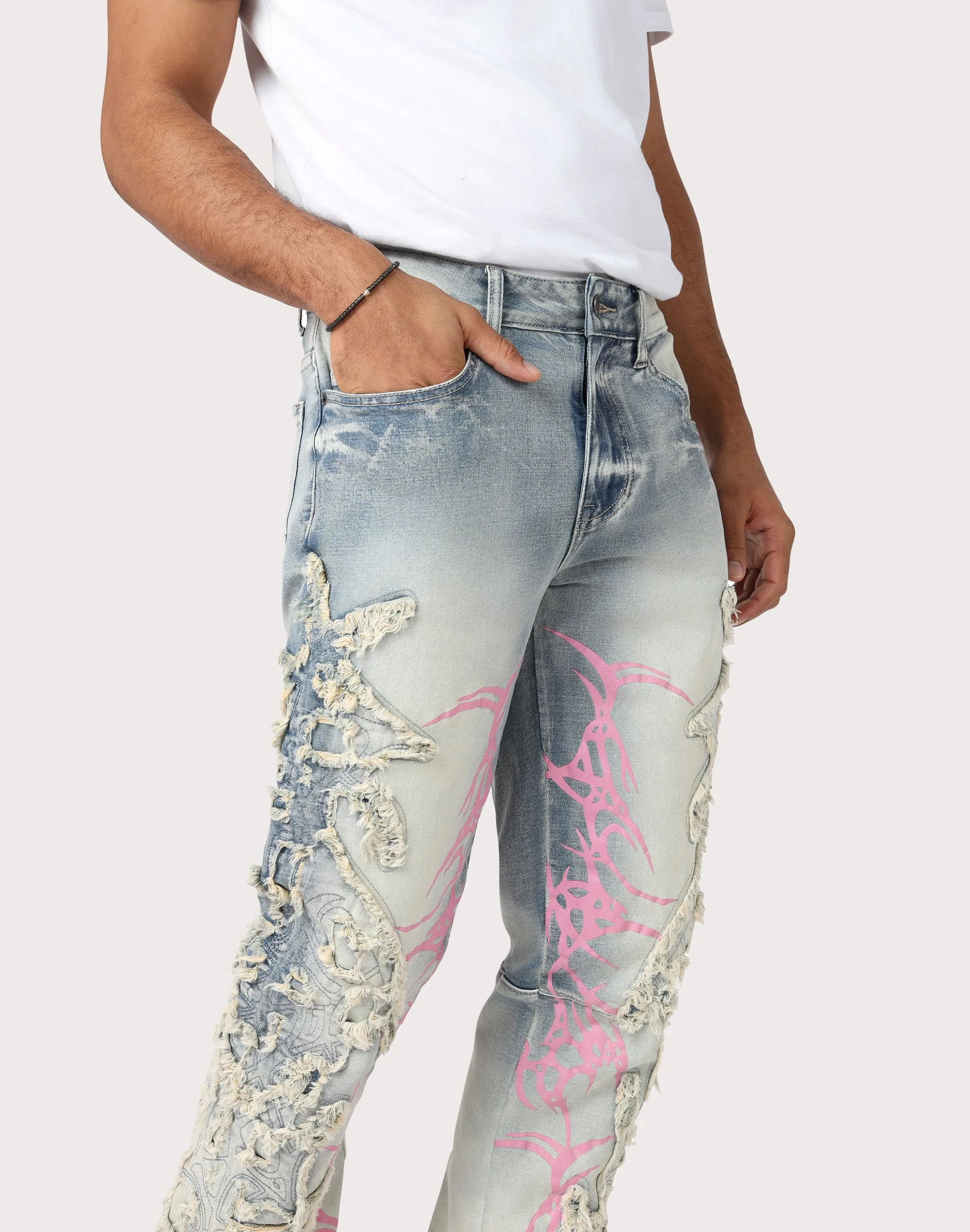 Adjustable Waistband Grindhouse Slim Fit Thorn Frayed Denim Jeans