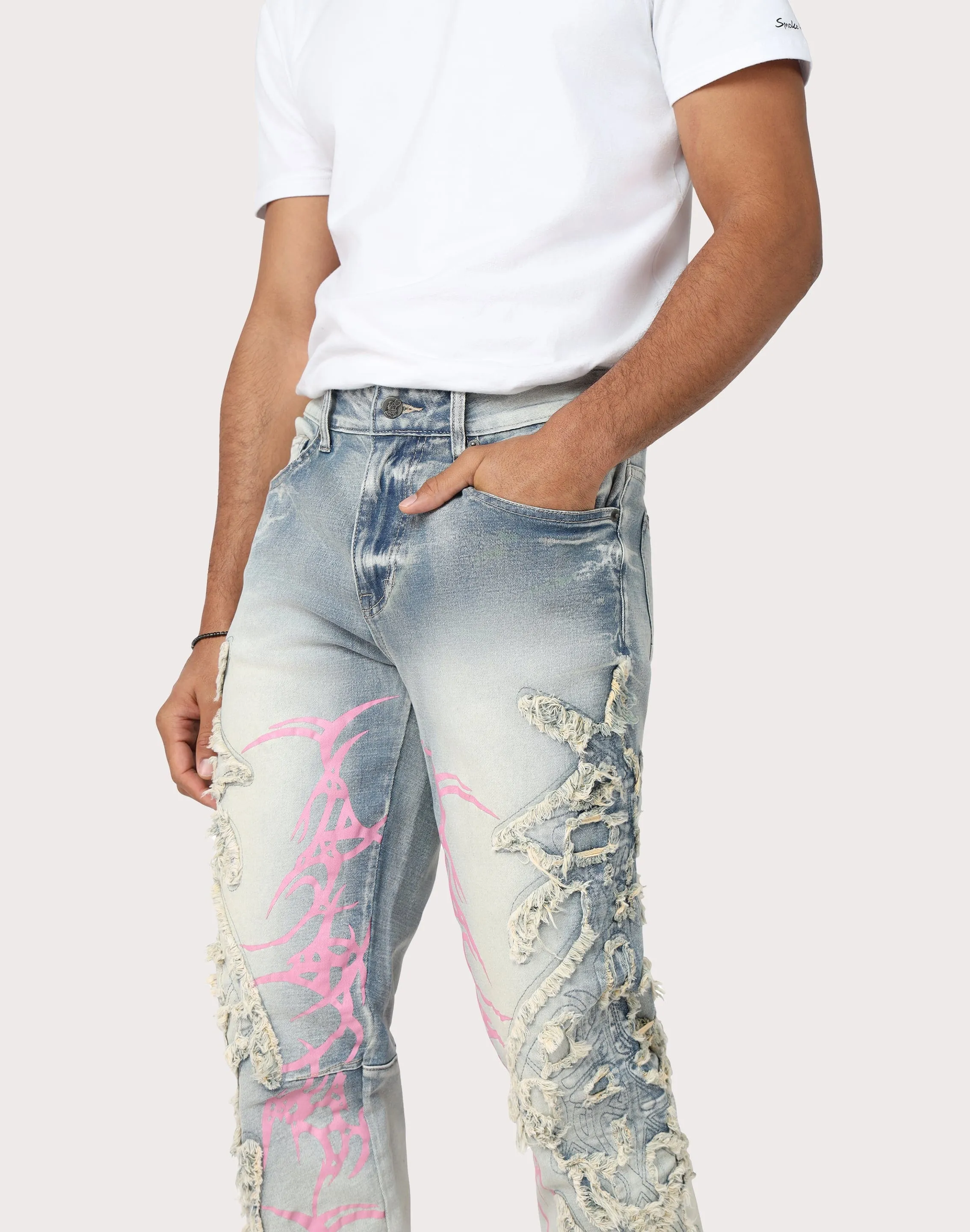 QuickRelease Closure DoubleLayered Structure Grindhouse Slim Fit Thorn Frayed Denim Jeans