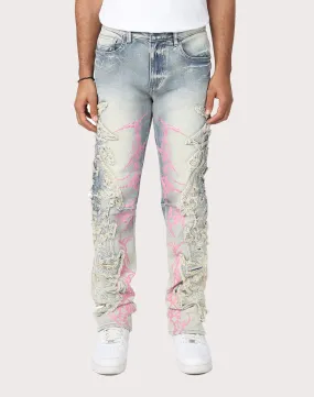 Grindhouse Slim Fit Thorn Frayed Denim Jeans HeavyDuty Zipper