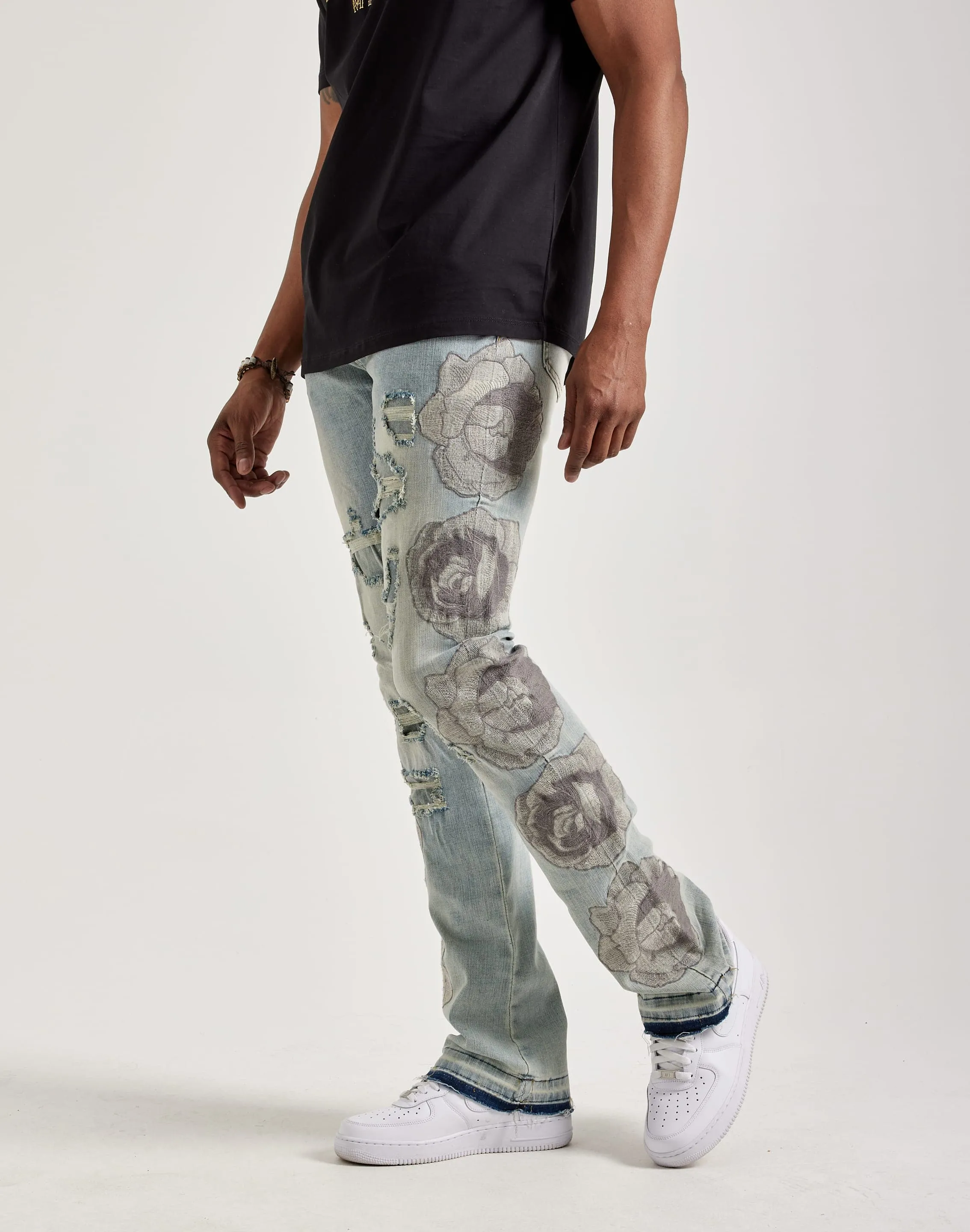 WAIMEA Stacked Floral Embroidery Jeans Antibacterial Treatment Calm Ease