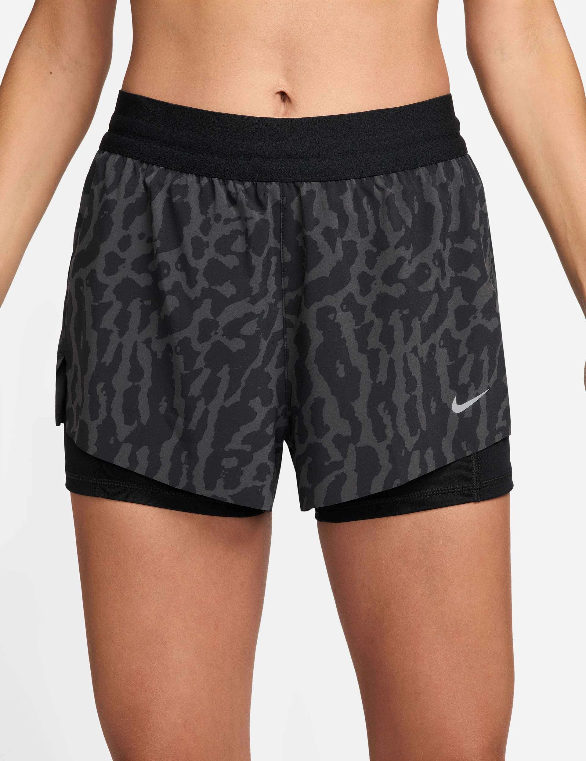 Swift Dri-FIT 2-in-1 Printed Running Shorts - Black/Reflective Silver Double Stitched Seams Moisture Wicking Material