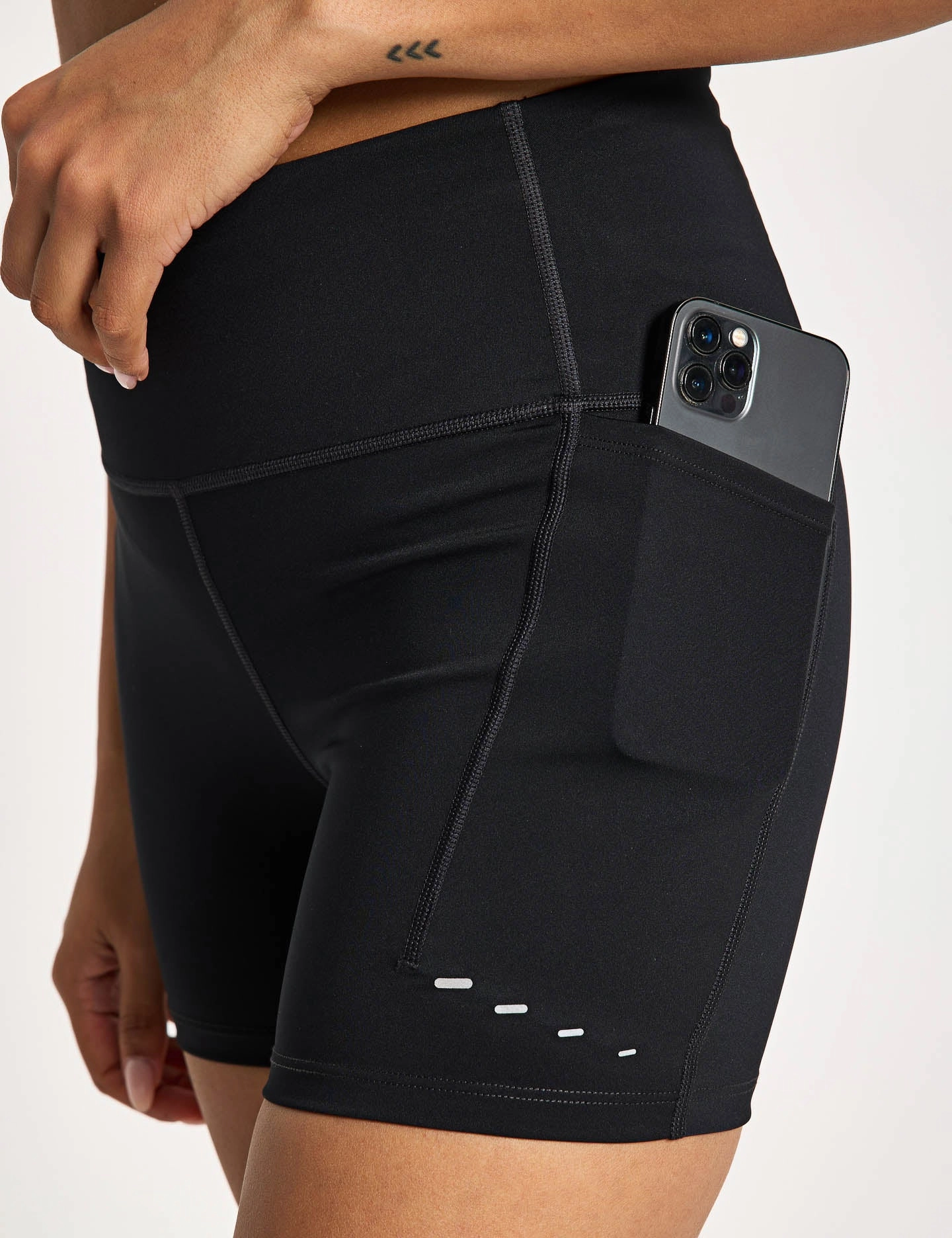 Swift High Waisted 4" Tight Running Shorts - Black/Reflective Silver Travel Comfort