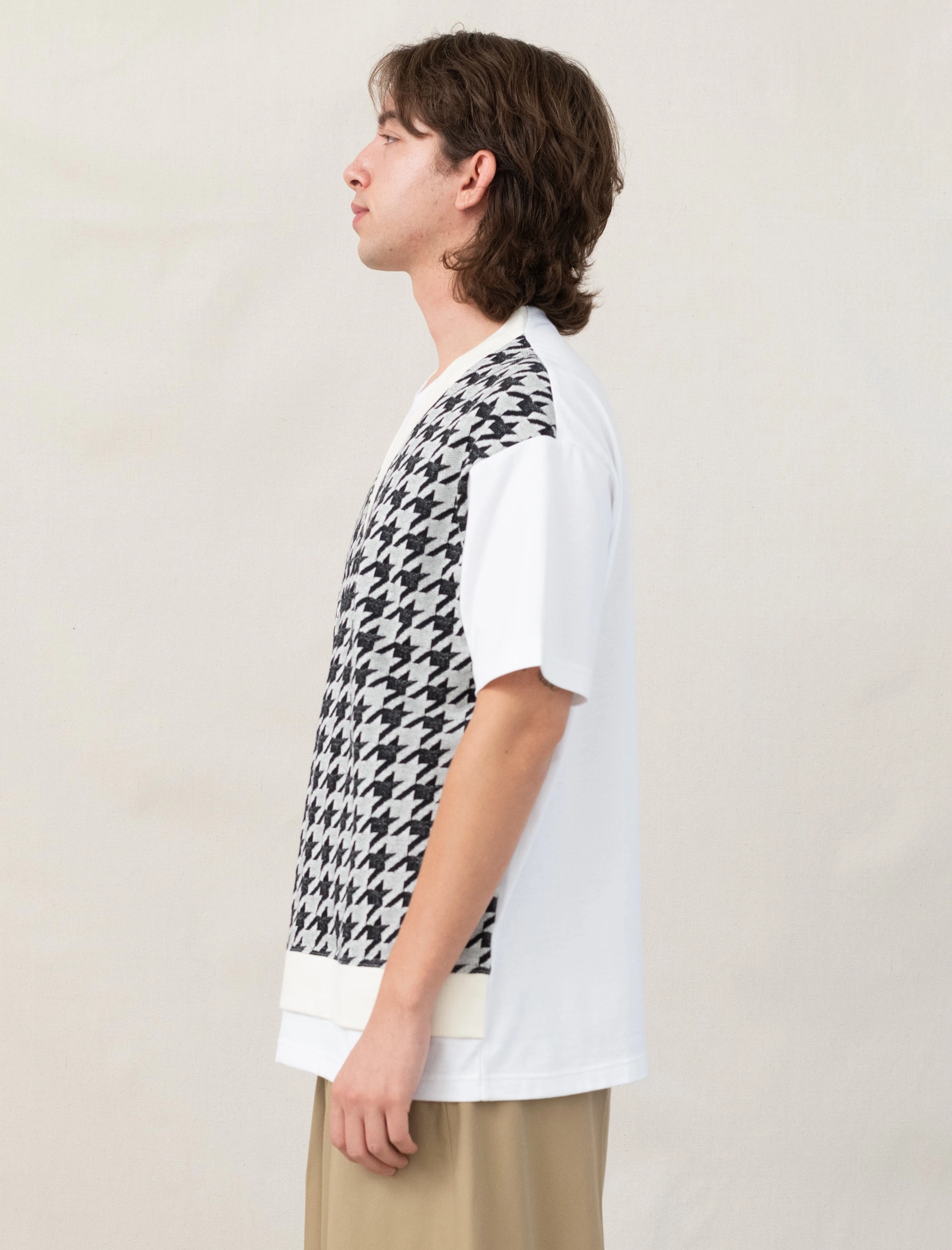 CroppedLength Fashion Blouse T-Shirt (White/Houndstooth)