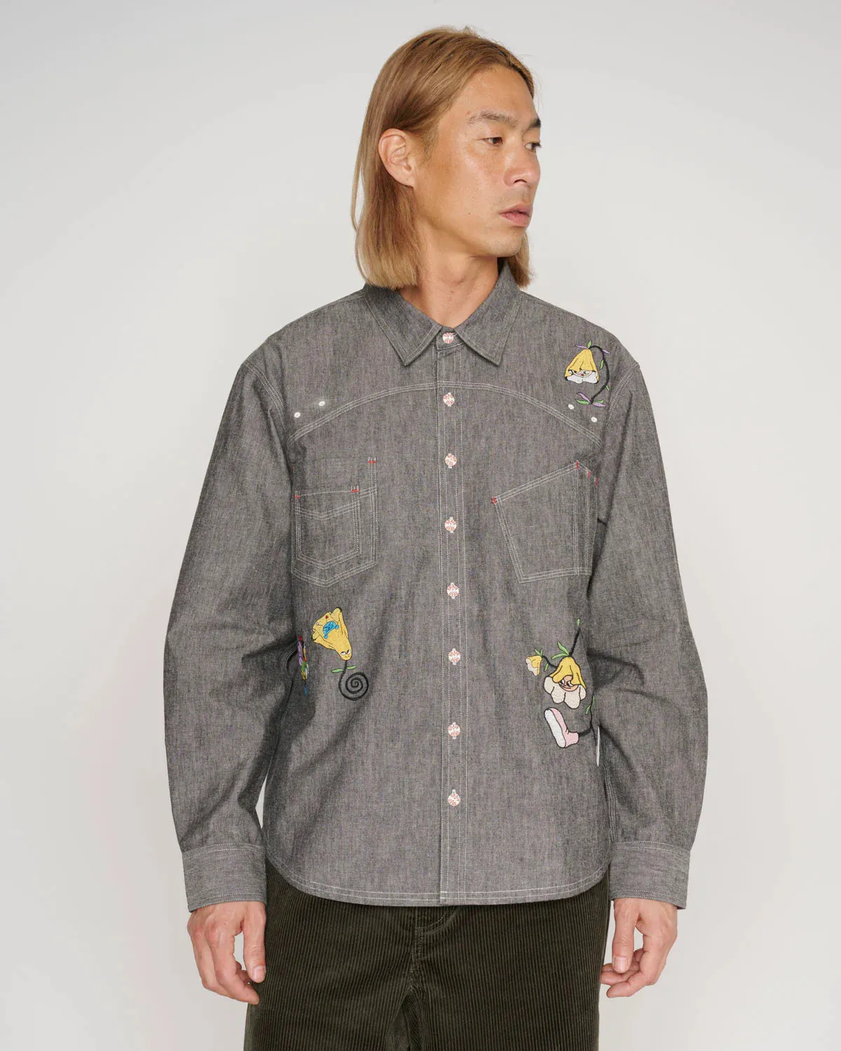GARDEN PARTY CHAMBRAY BUTTON UP SHIRT - GREY MachineWashable Fabric FadeResistant Dye