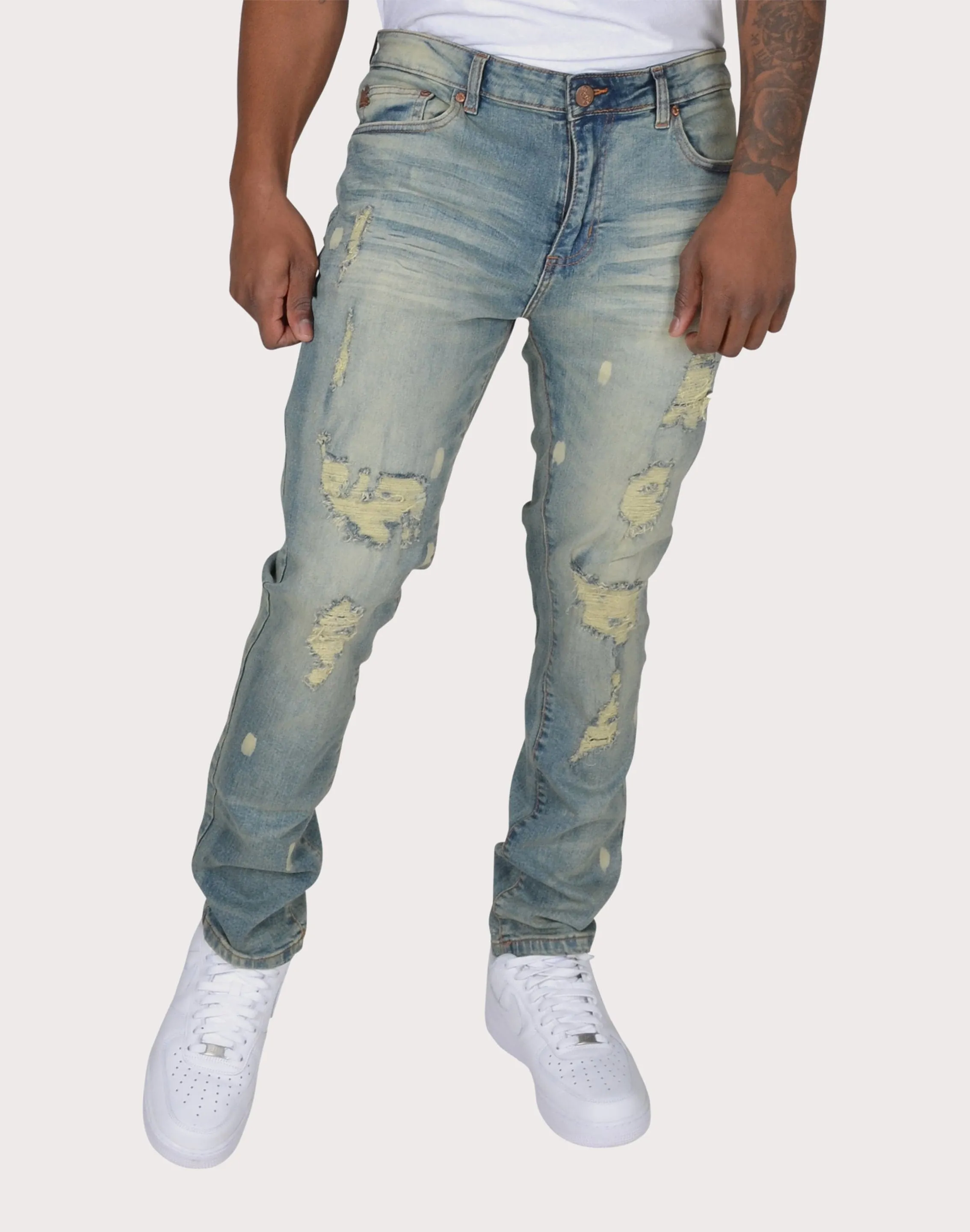 FadeResistant Color Grindhouse Vintage Ripped With Bleach Denim Jeans