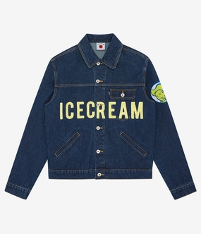 Ice Cream Cowboy Denim Trucker Jacket Full Length Zipper Closure Thick Fabric