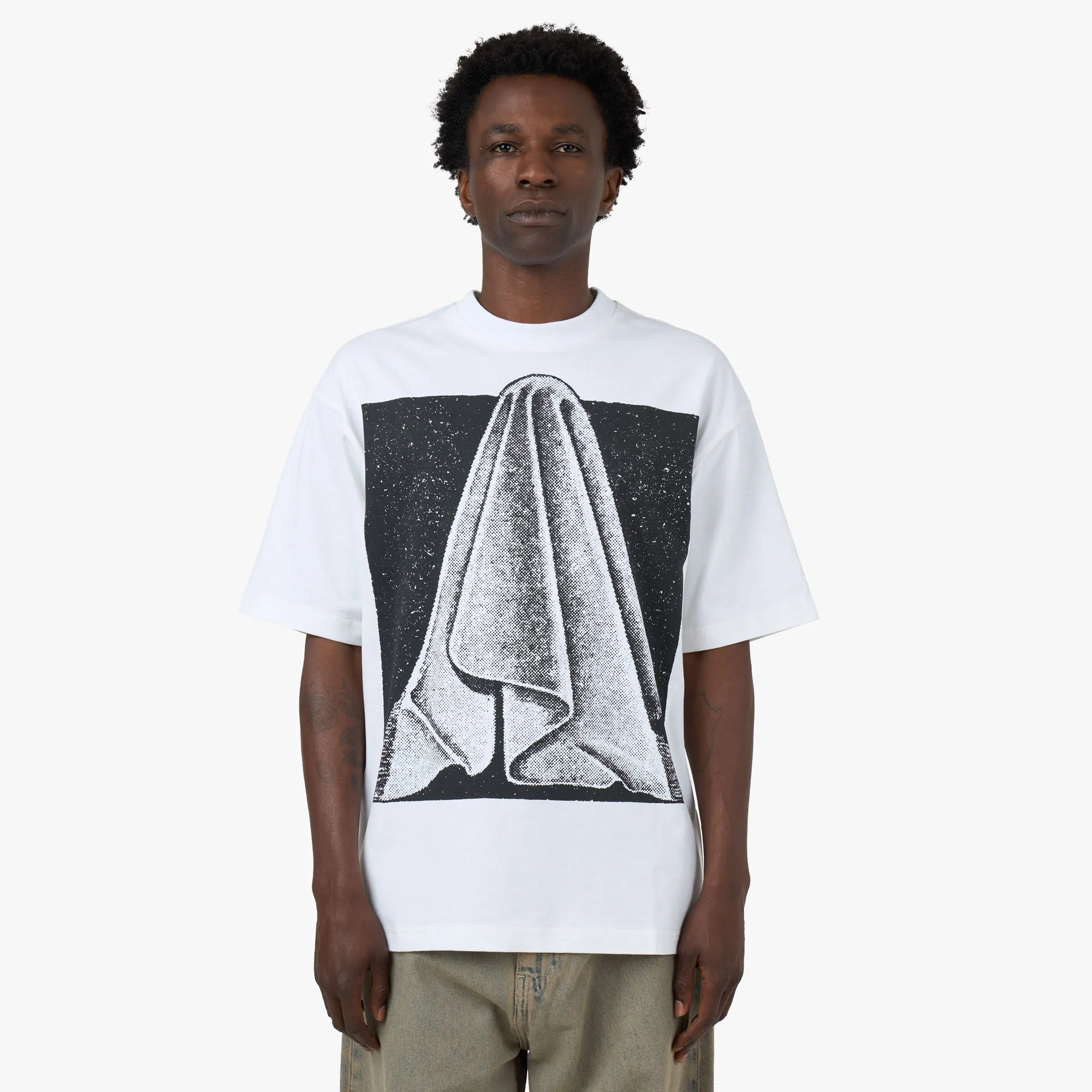 The Trilogy Tapes Drapery T-Shirt White pom-pom cricket venue
