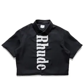 Stretchy Cloth Layered Hemline Rhude Center Logo Button Up Shirt - Black/White