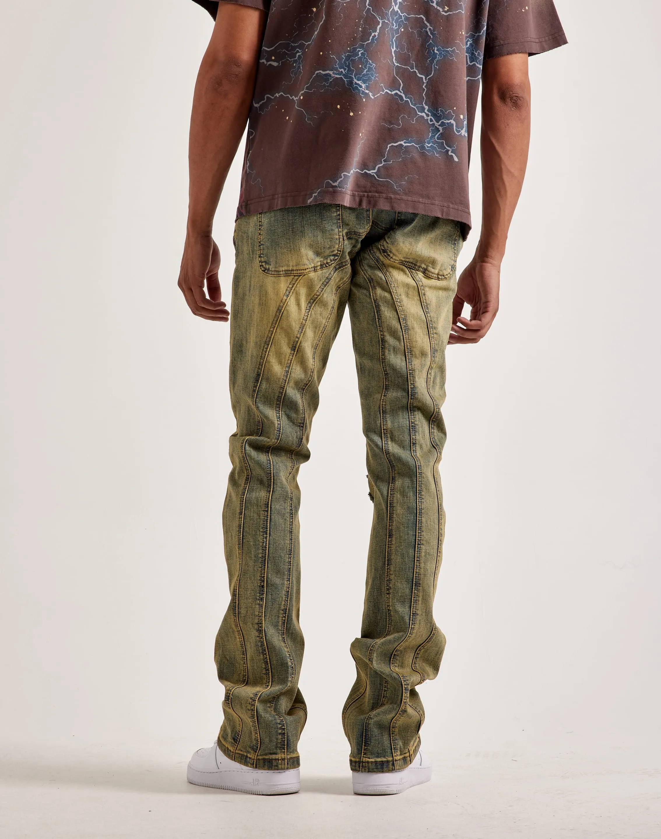 Joy Ease Design Glow Kilogram Centric Moto Stacked Flare Jeans