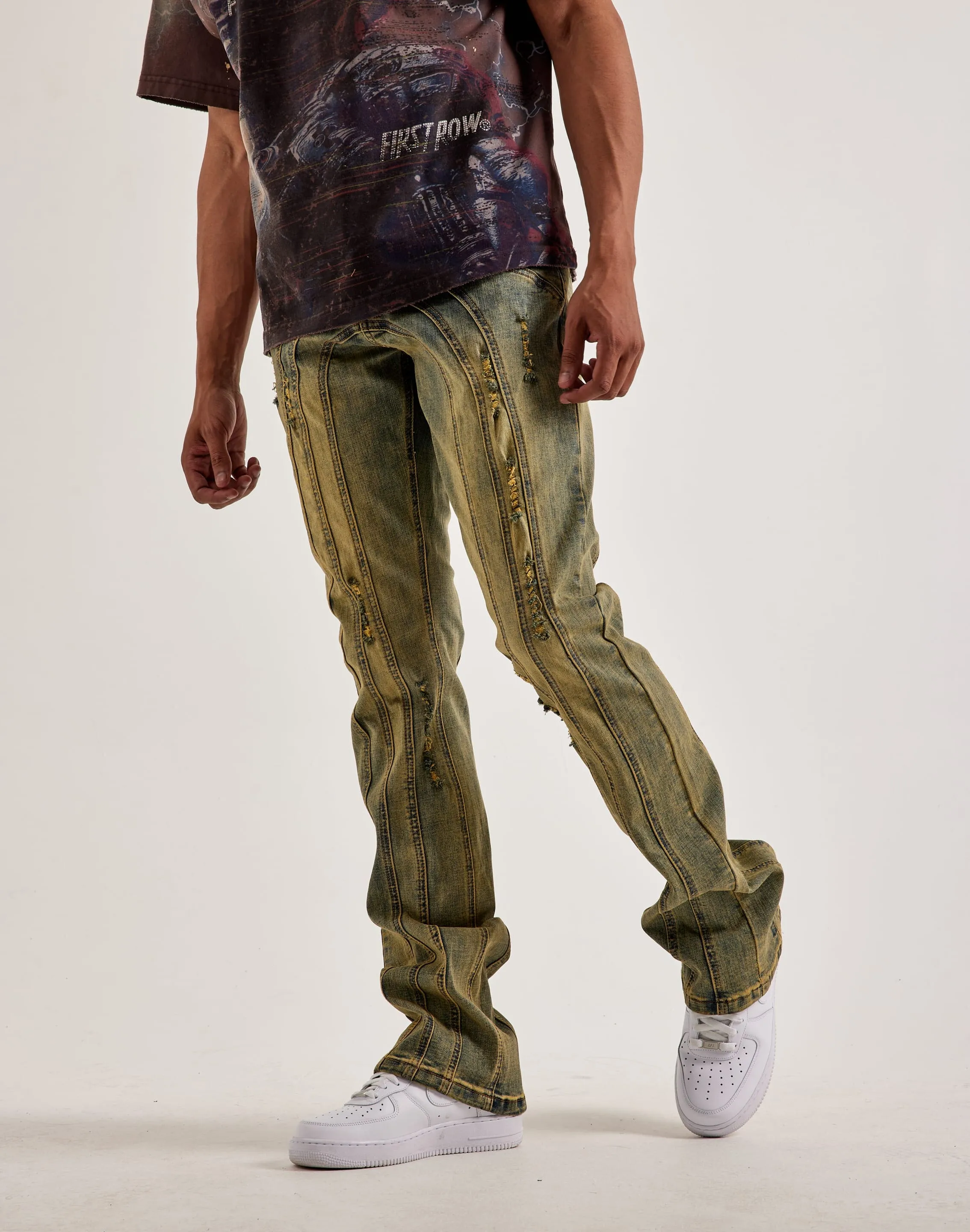 Kilogram Centric Moto Stacked Flare Jeans Family Style Sky Mood