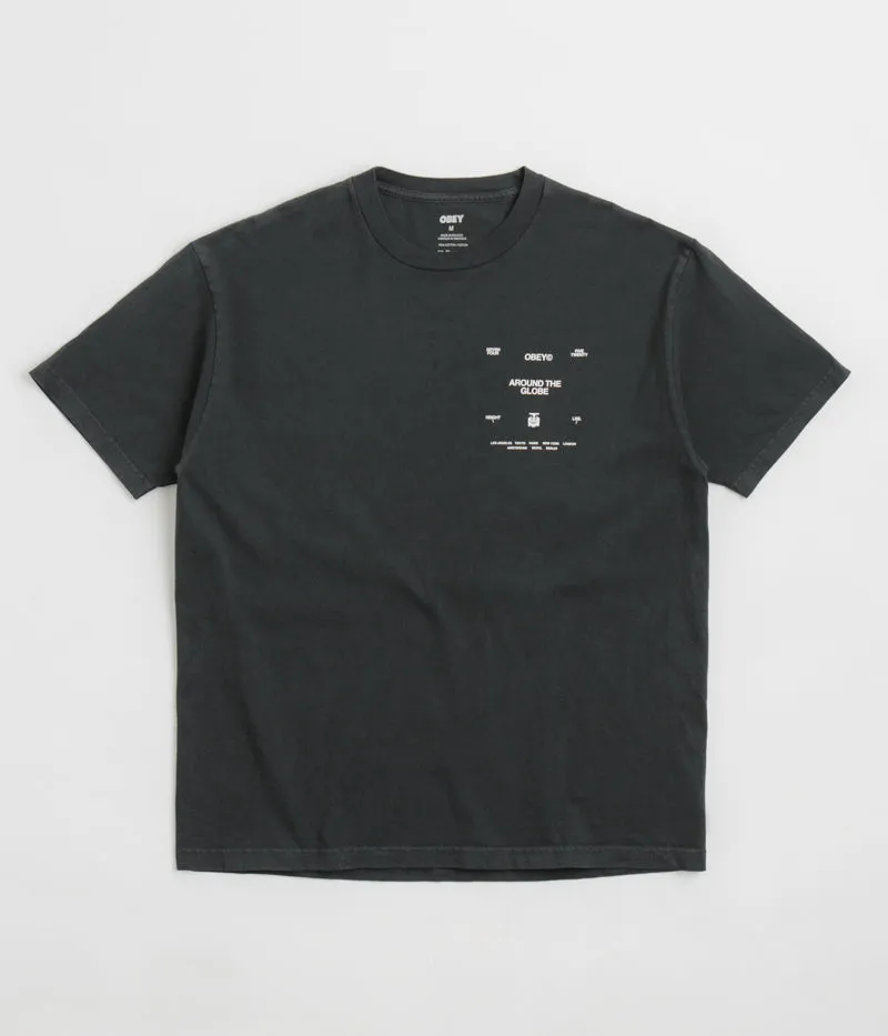 Obey Around The Globe T-Shirt - Pigment True Vintage Black Coffee Shop Patch
