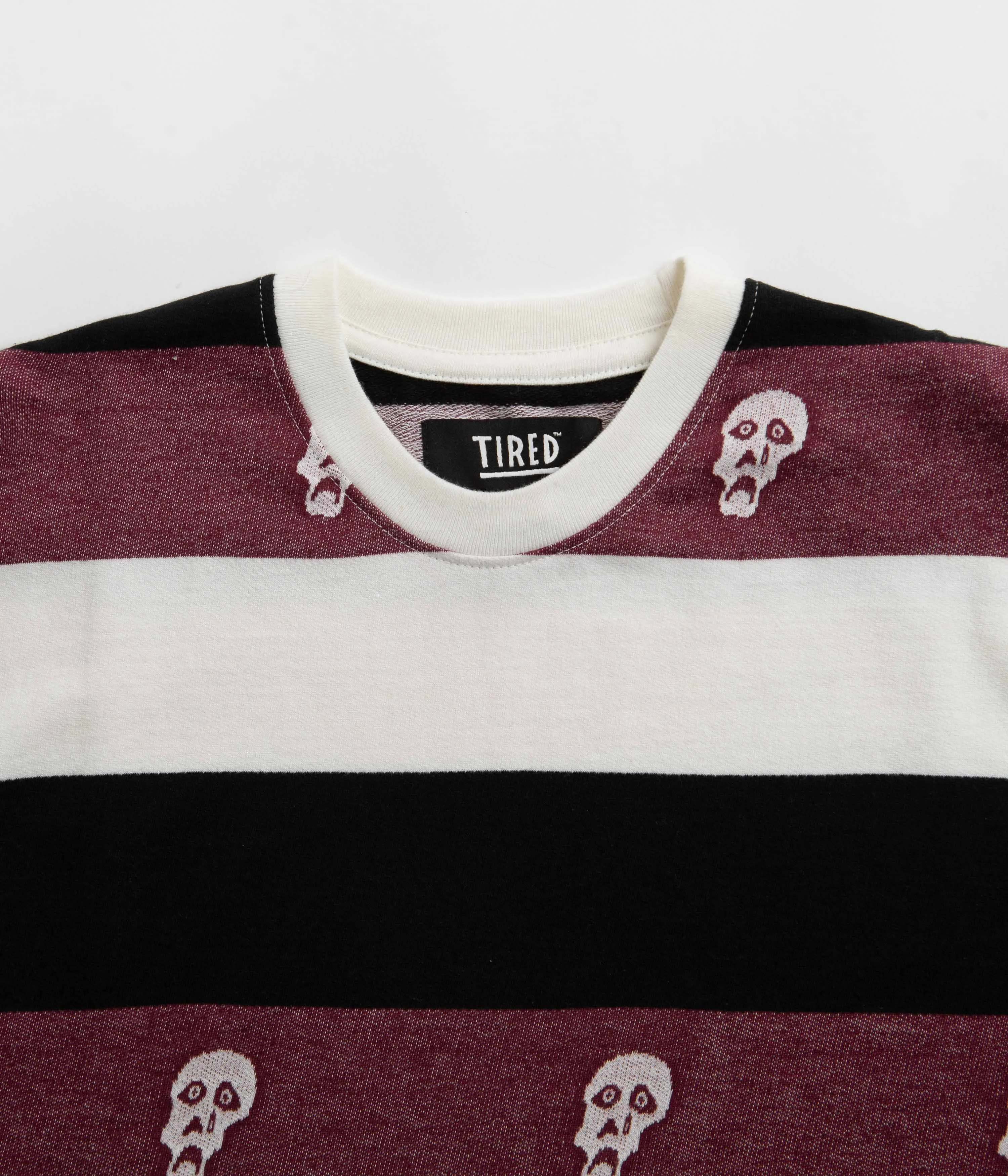 Trendy Waist wide-leg pants silhouette Tired Sad Skull Striped Jacquard T-Shirt - Burgundy