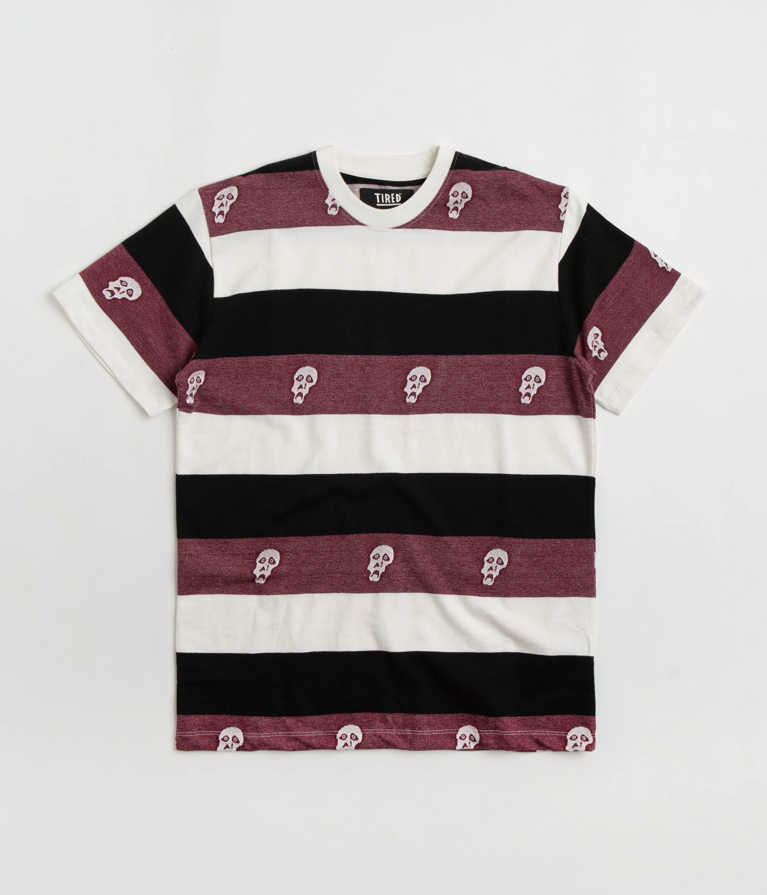 Garment Washed Texture blazer silhouette Tired Sad Skull Striped Jacquard T-Shirt - Burgundy