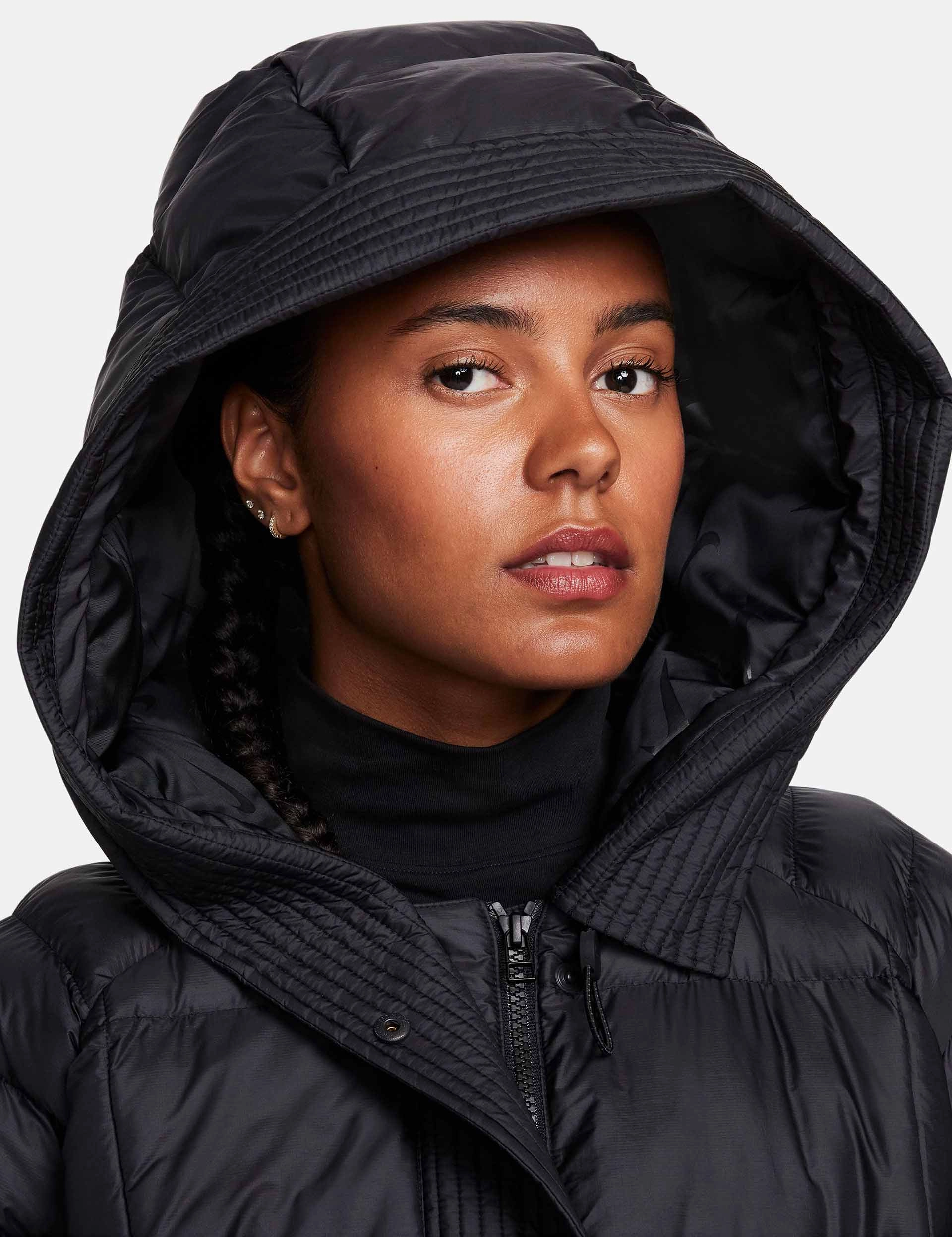 Sportswear Swoosh Puffer Oversized Hooded Jacket - Black/White Non Bulky Profile Thermoplastic Elastomer Trim