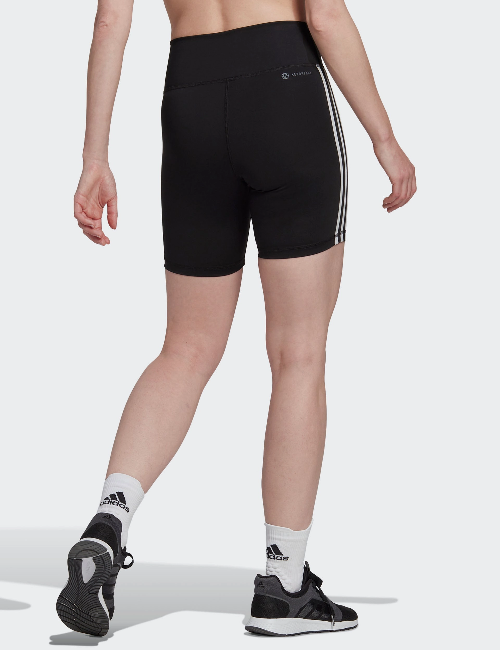 Training Essentials 3-Stripes High Waisted Short Leggings - Black Abrasion Defying Knee Patches Workout Ready Design