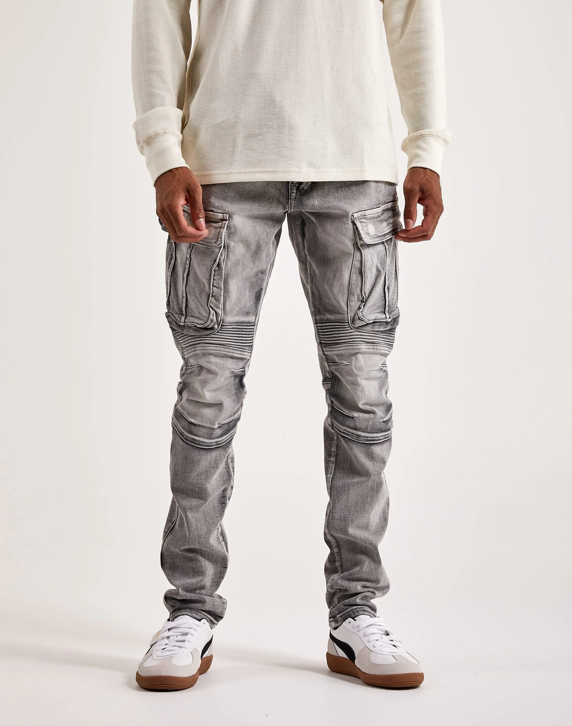 Smoke Rise Denim Moto Cargo Pants Thick Glow
